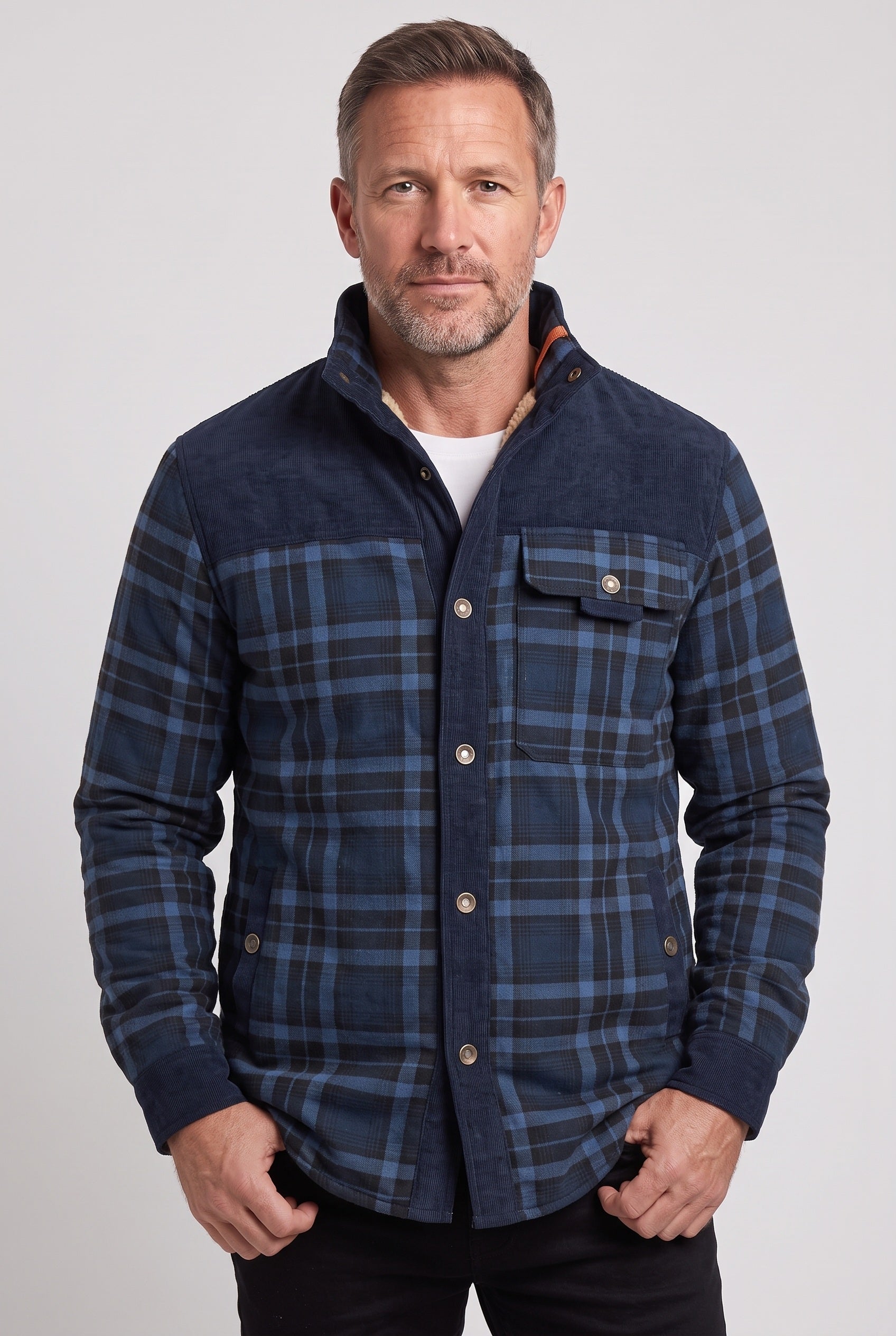 Men's Jacket | Corduroy-Collar Check Shacket - Blue