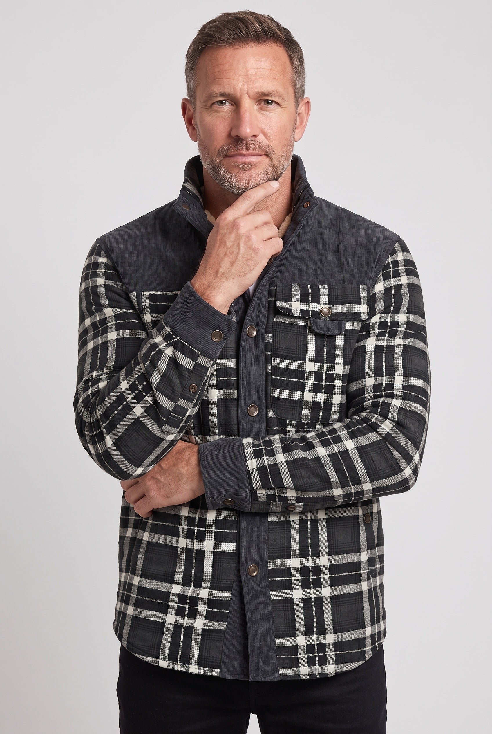 Men's Jacket | Corduroy-Collar Check Shacket - Dark Grey