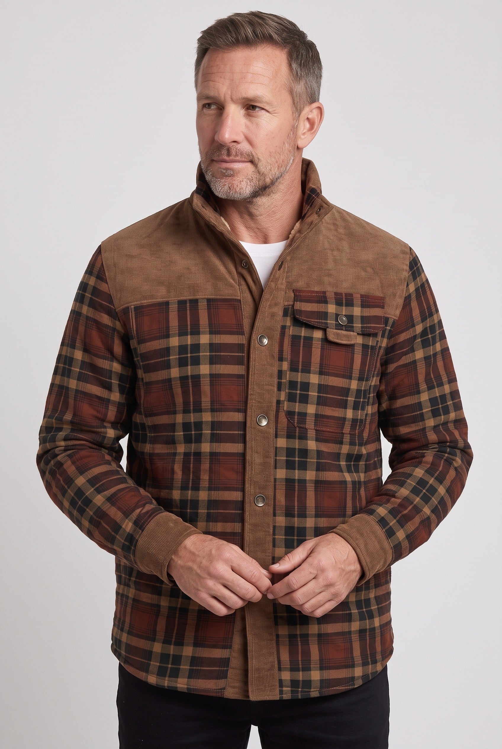 Men's Jacket | Corduroy-Collar Check Shacket - Dark Red Wine