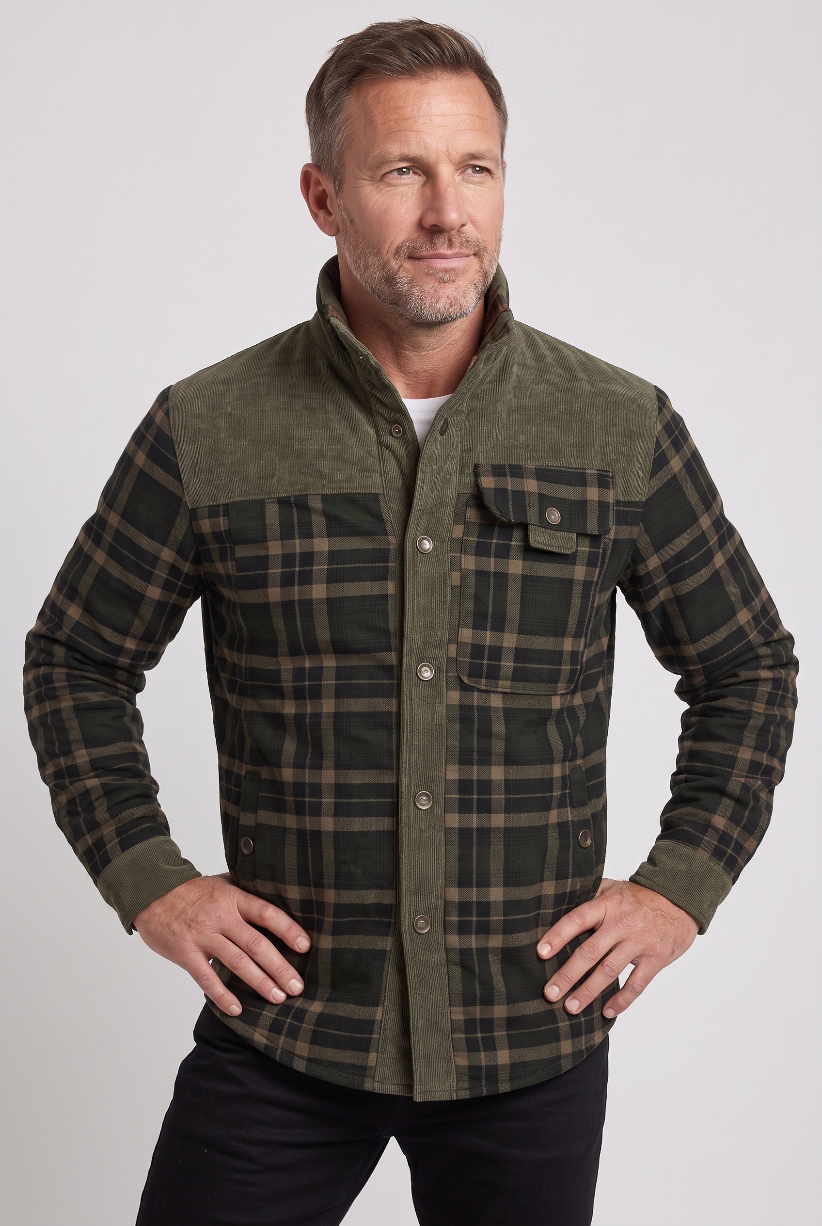 Men's Jacket | Corduroy-Collar Check Shacket - Light Army Green