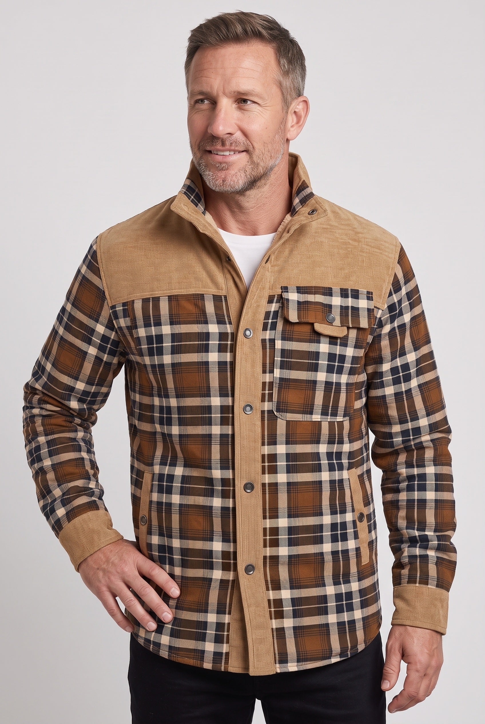 Men's Jacket | Corduroy-Collar Check Shacket - Light Brown