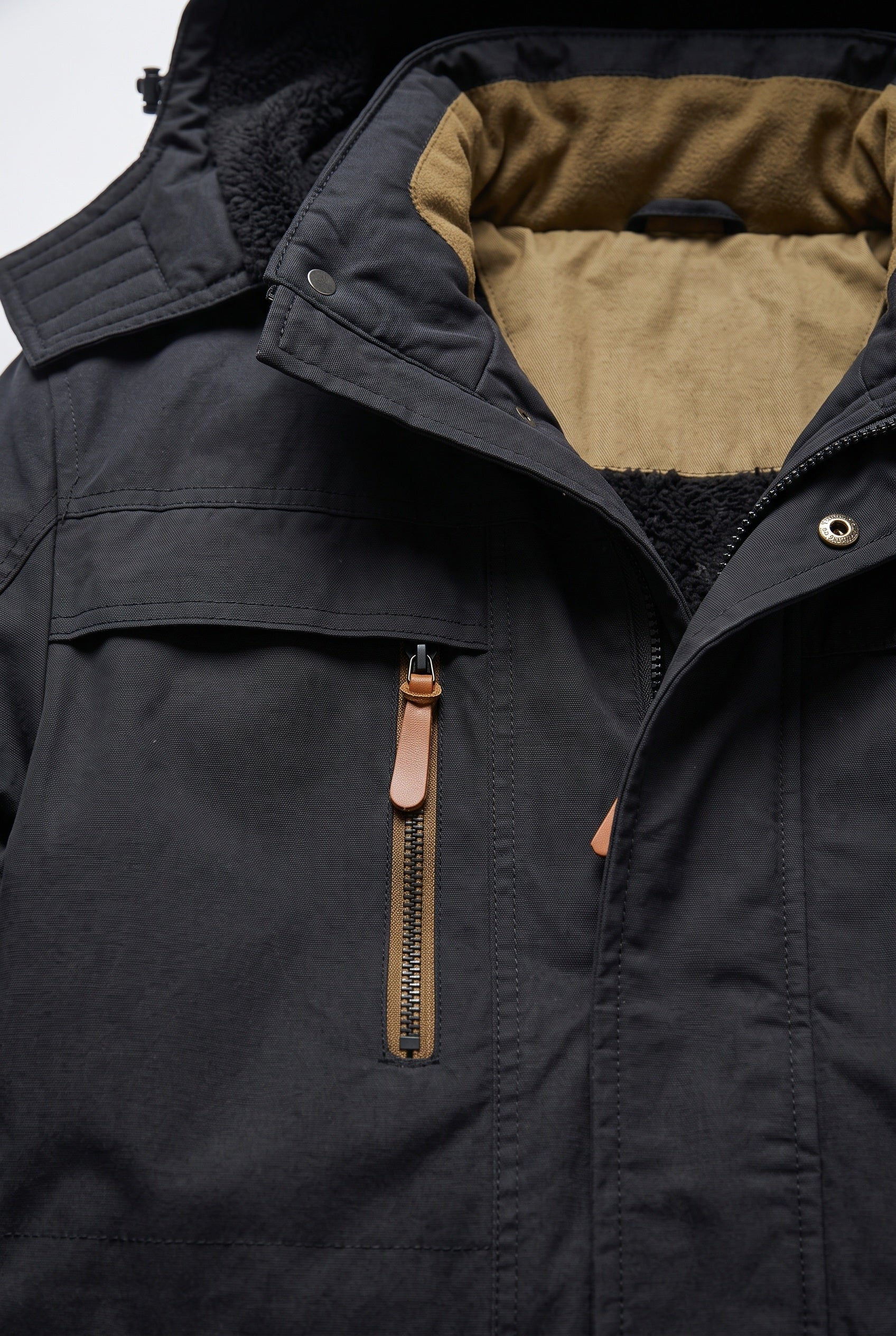 Men's Jacket | Fleece-Lined Hooded Parka - Black detail