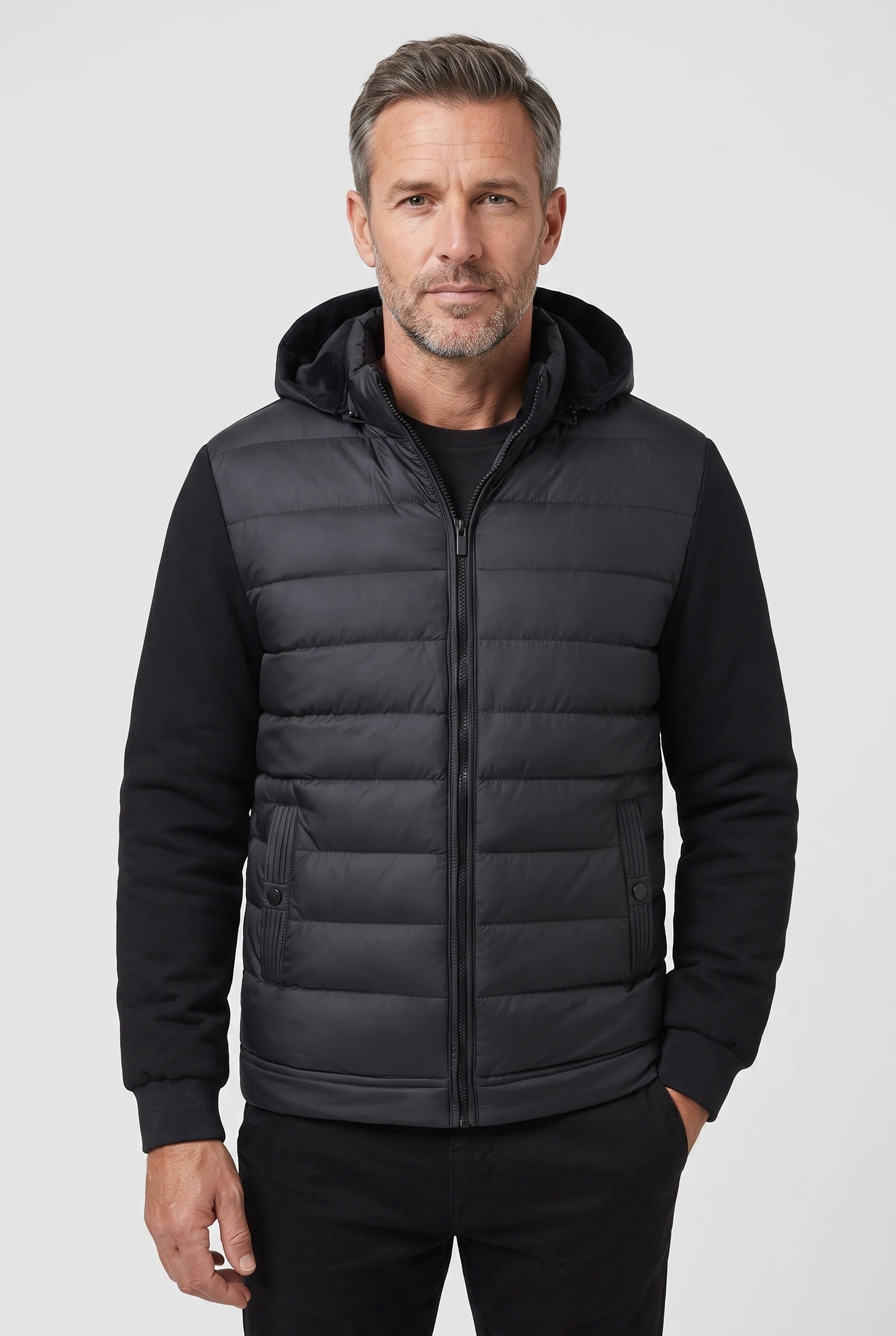 Men's Jacket | Hooded Quilted Hybrid - Black