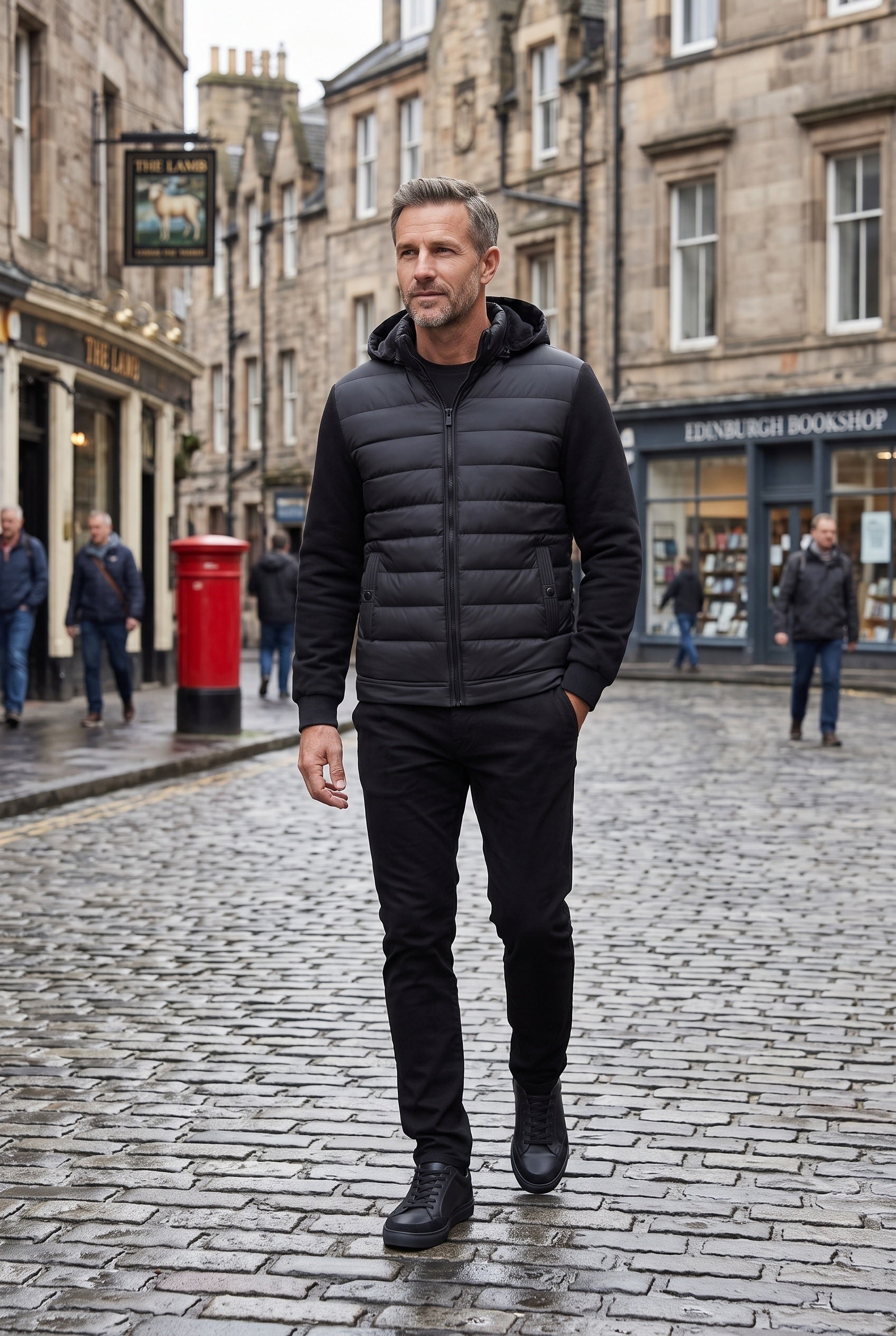Men's Jacket | Hooded Quilted Hybrid - Black lifestyle