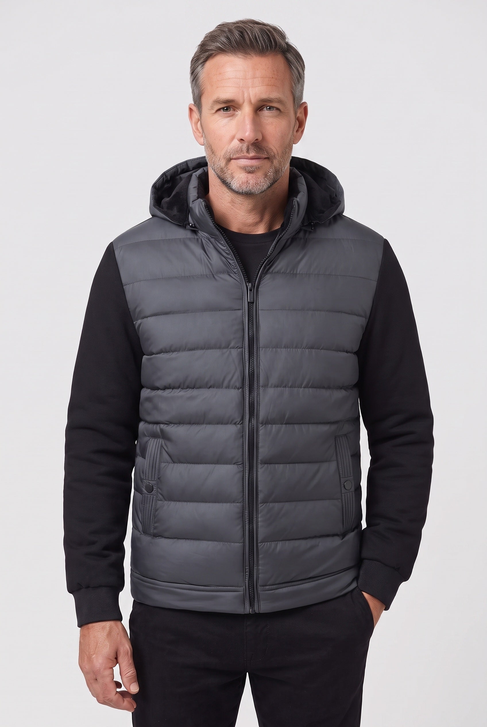 Men's Jacket | Hooded Quilted Hybrid - Grey