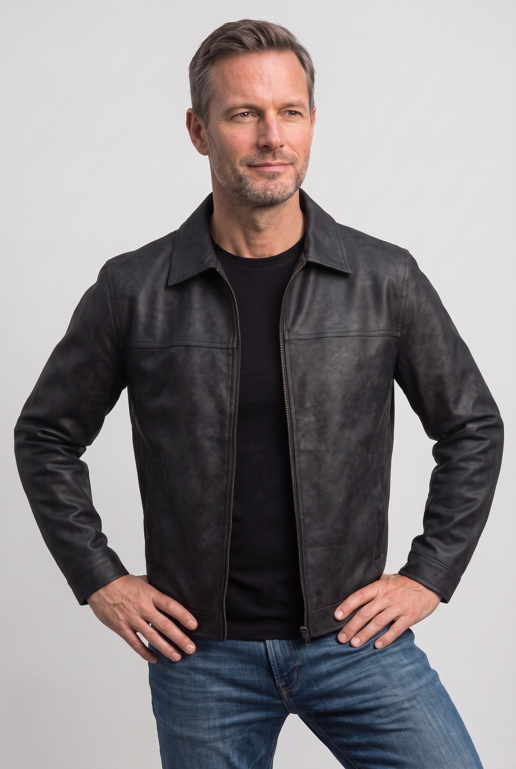 Men's Jacket | Leather-Look with Turn-Down Collar - Black