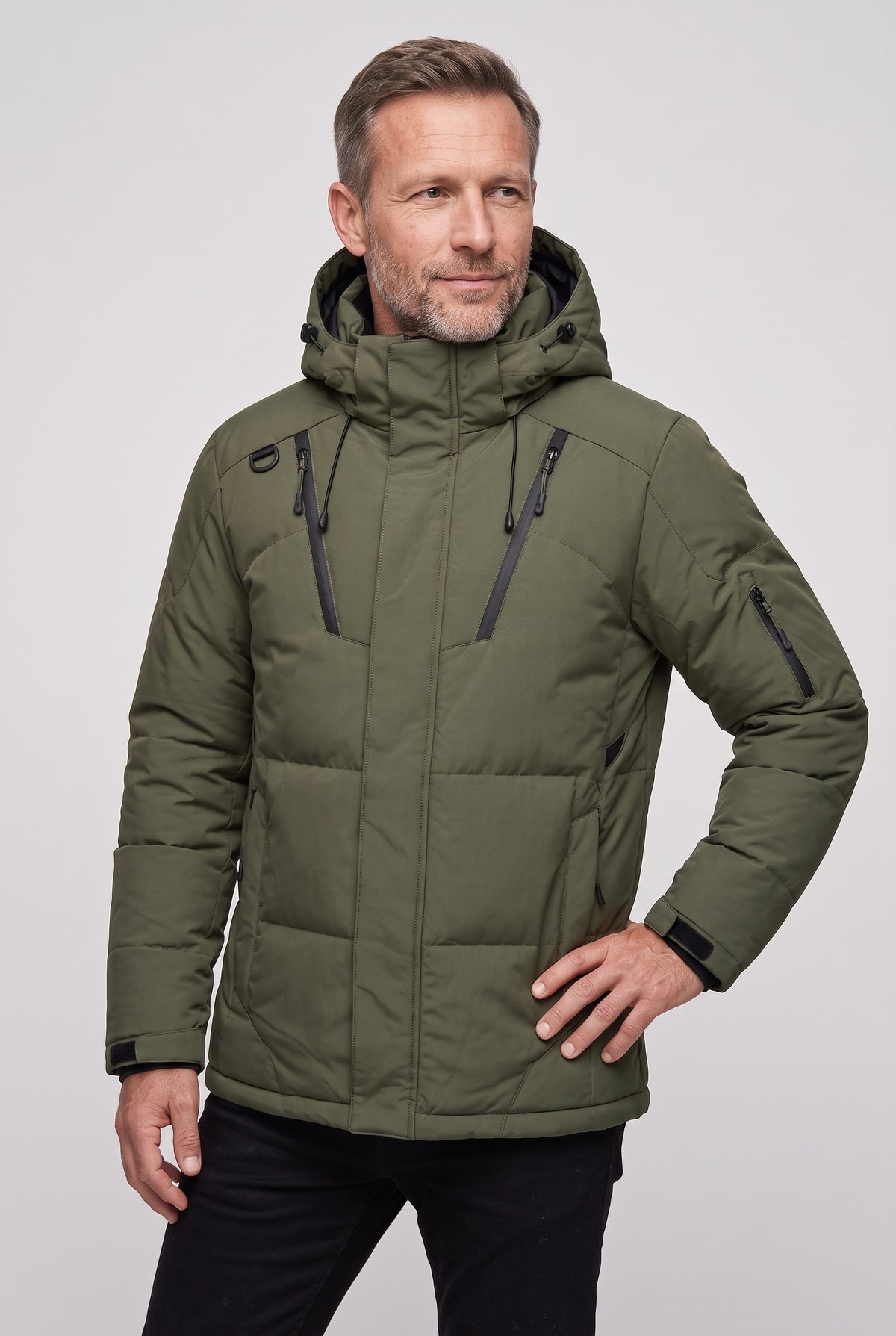 Men's Jacket | Padded Parka with Zip Pockets - Green
