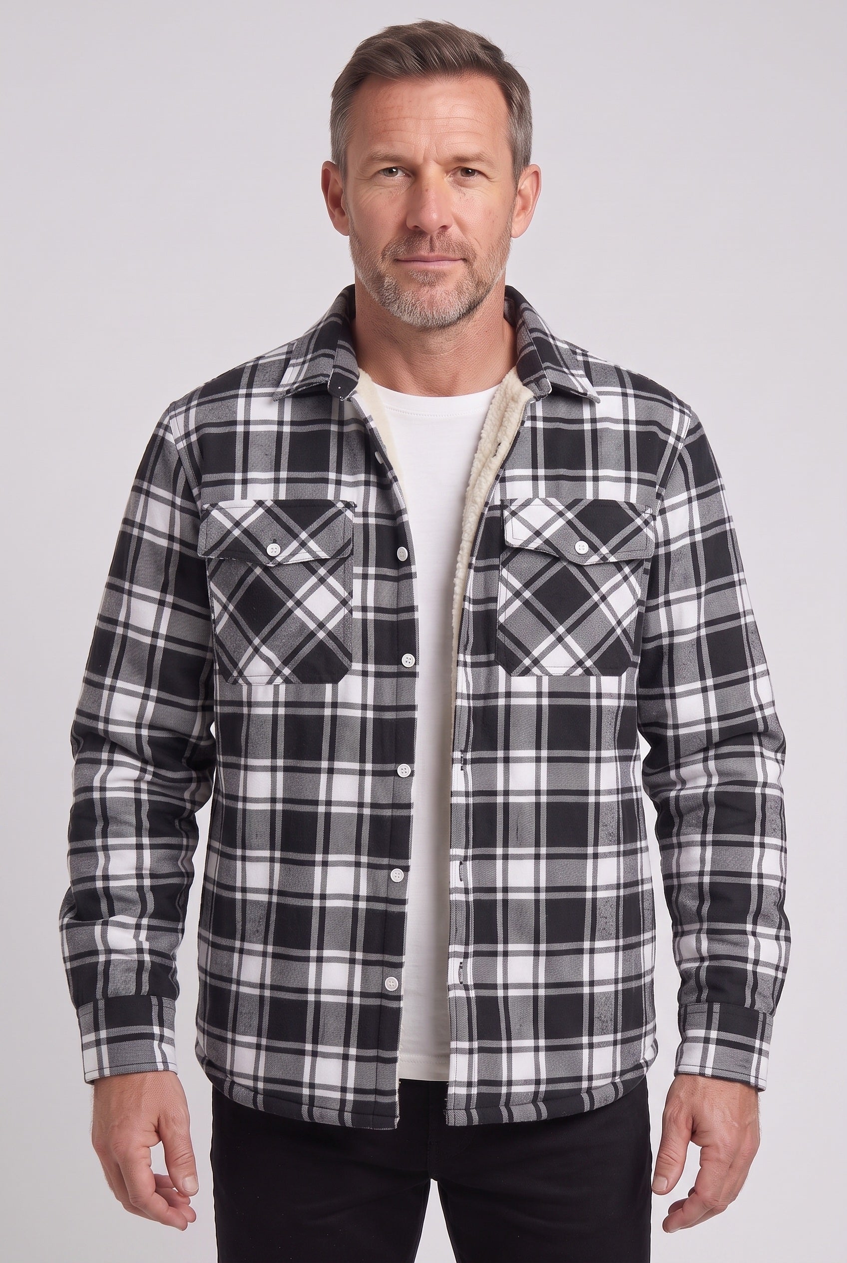 Men's Jacket | Sherpa-Lined Check Overshirt - Black