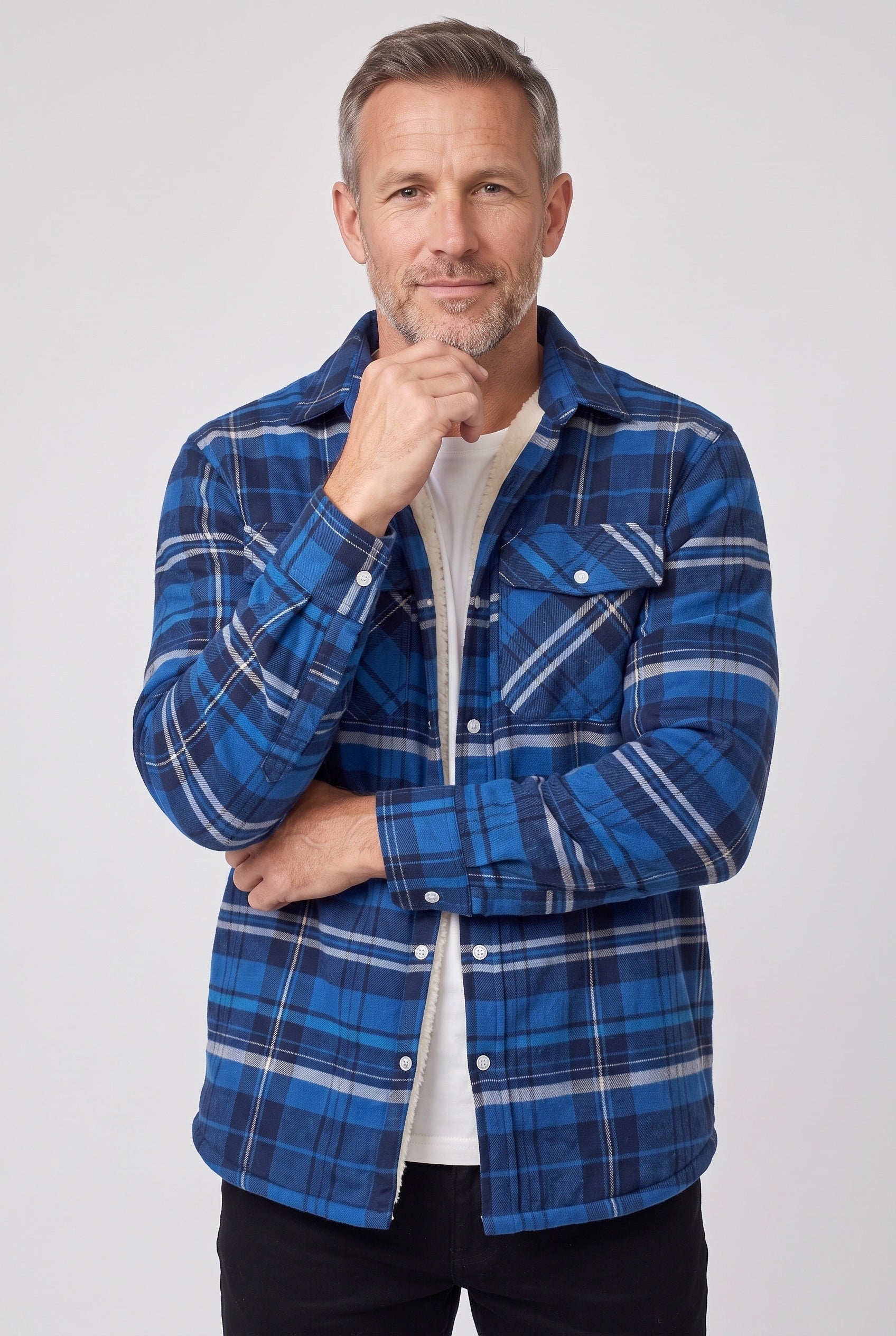 Men's Jacket | Sherpa-Lined Check Overshirt - Blue-Grey