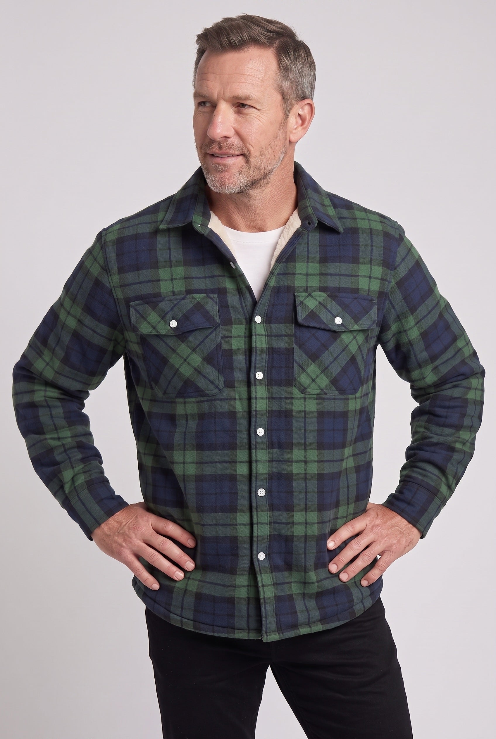 Men's Jacket | Sherpa-Lined Check Overshirt - Green