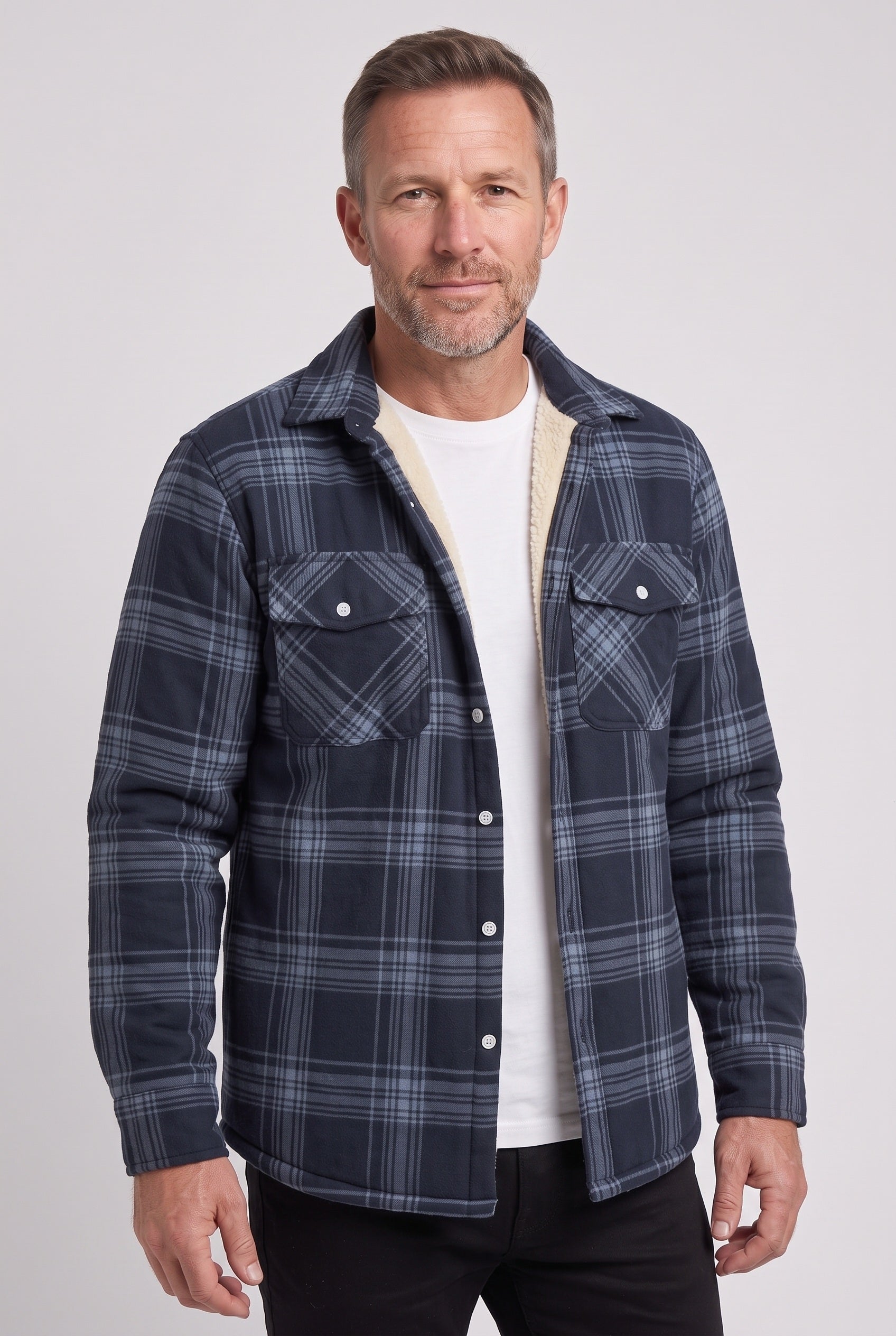 Men's Jacket | Sherpa-Lined Check Overshirt - Navy Blue