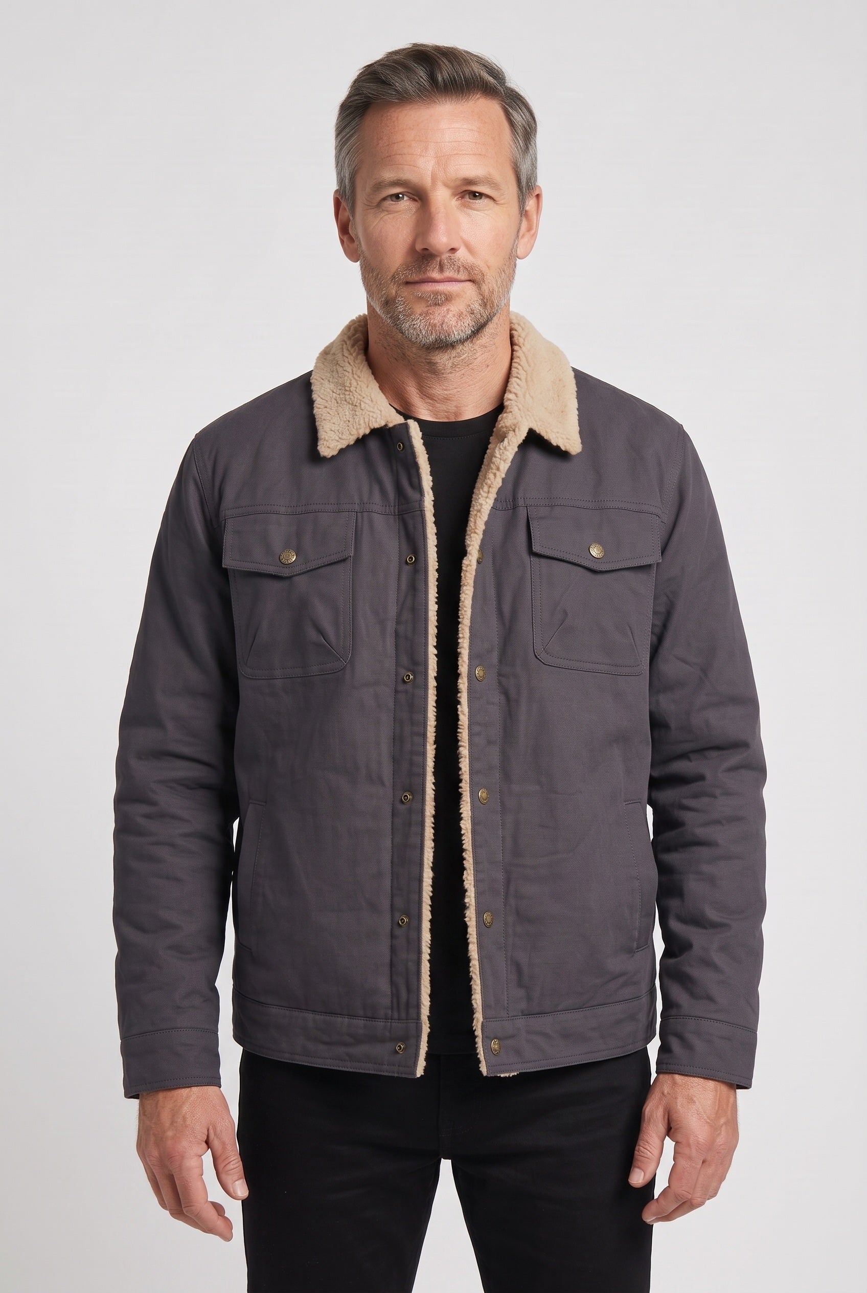 Men's Jacket | Snap Front with Lined Collar - Grey