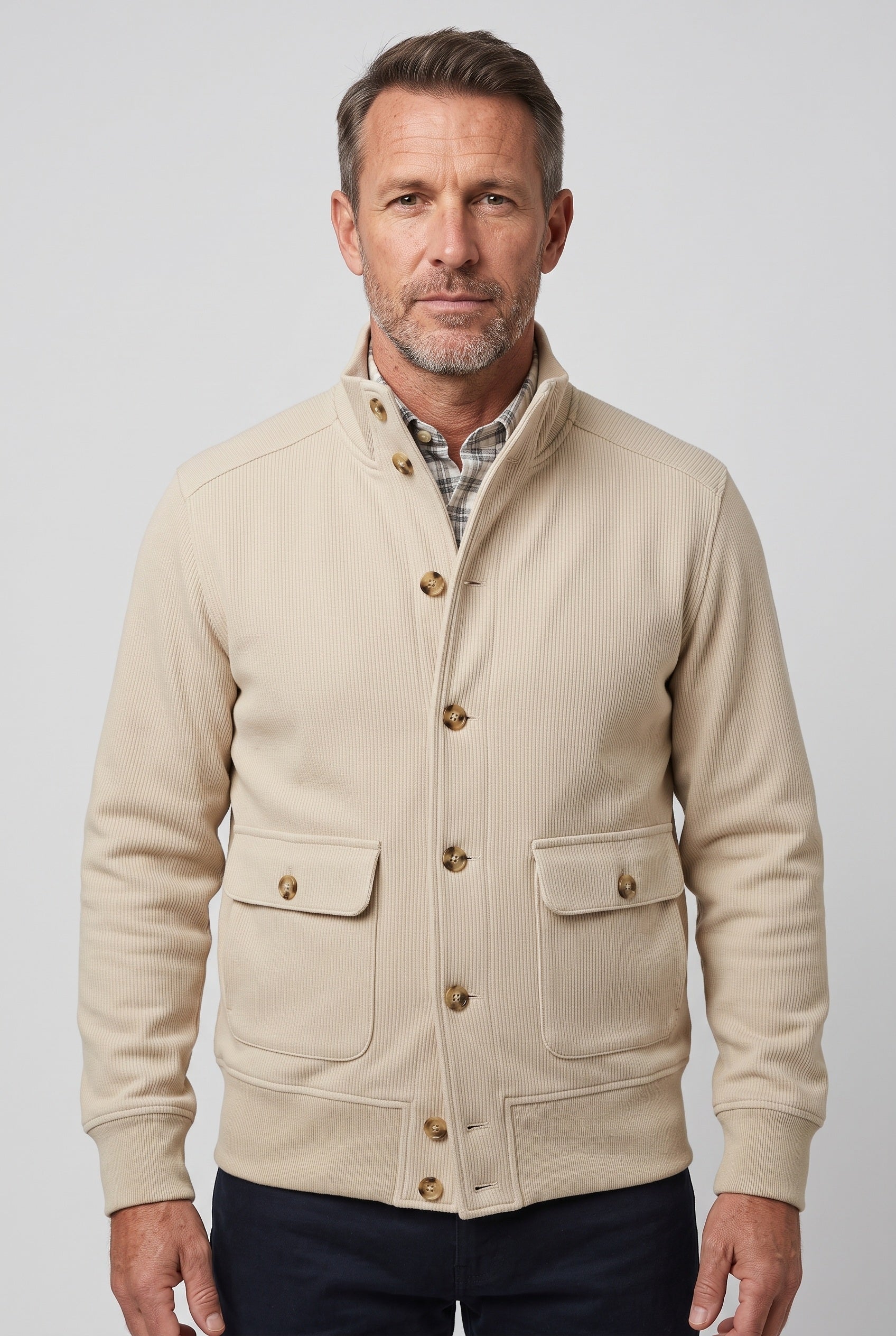 Men's Jacket | Stand Collar Button-Front - Beige