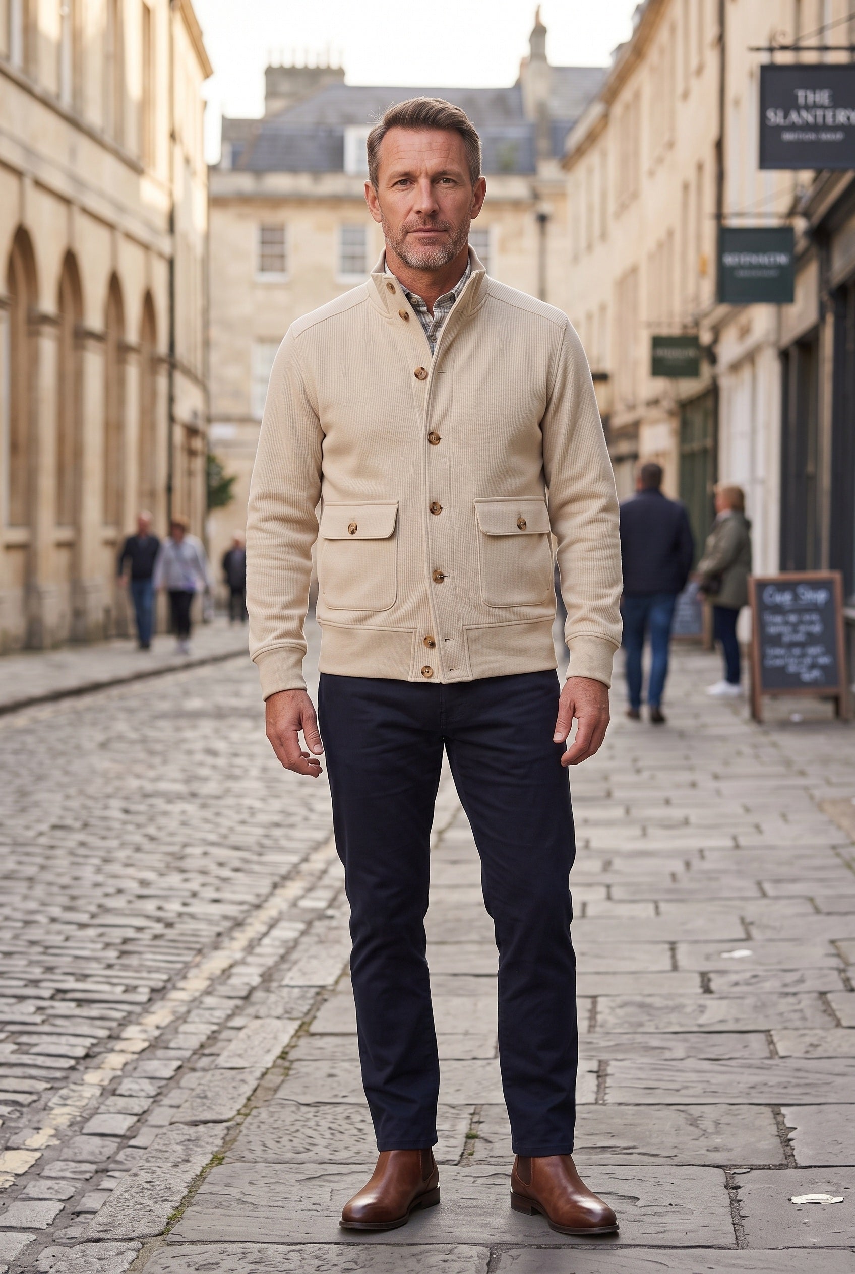 Men's Jacket | Stand Collar Button-Front - Beige lifestyle