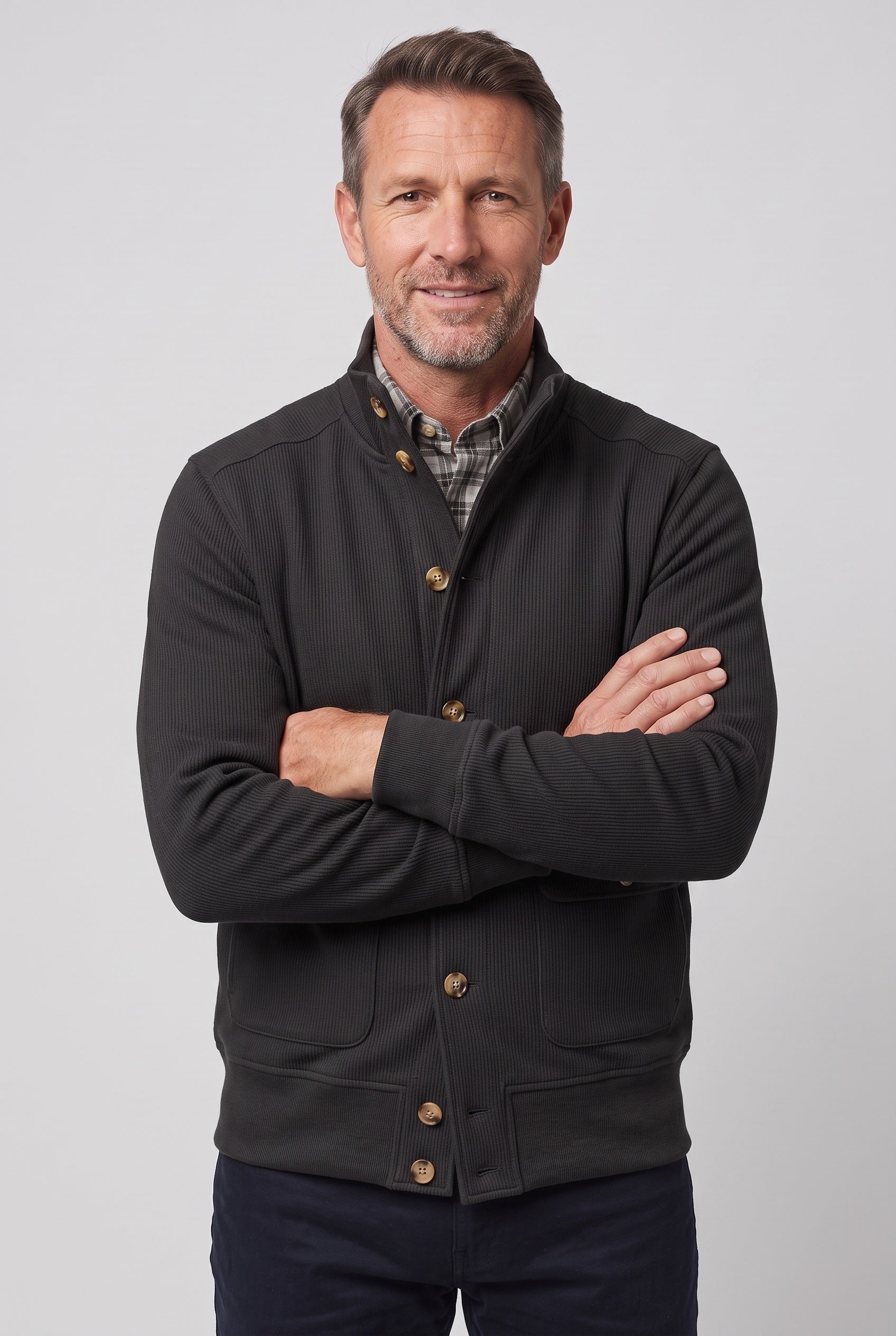 Men's Jacket | Stand Collar Button-Front - Black