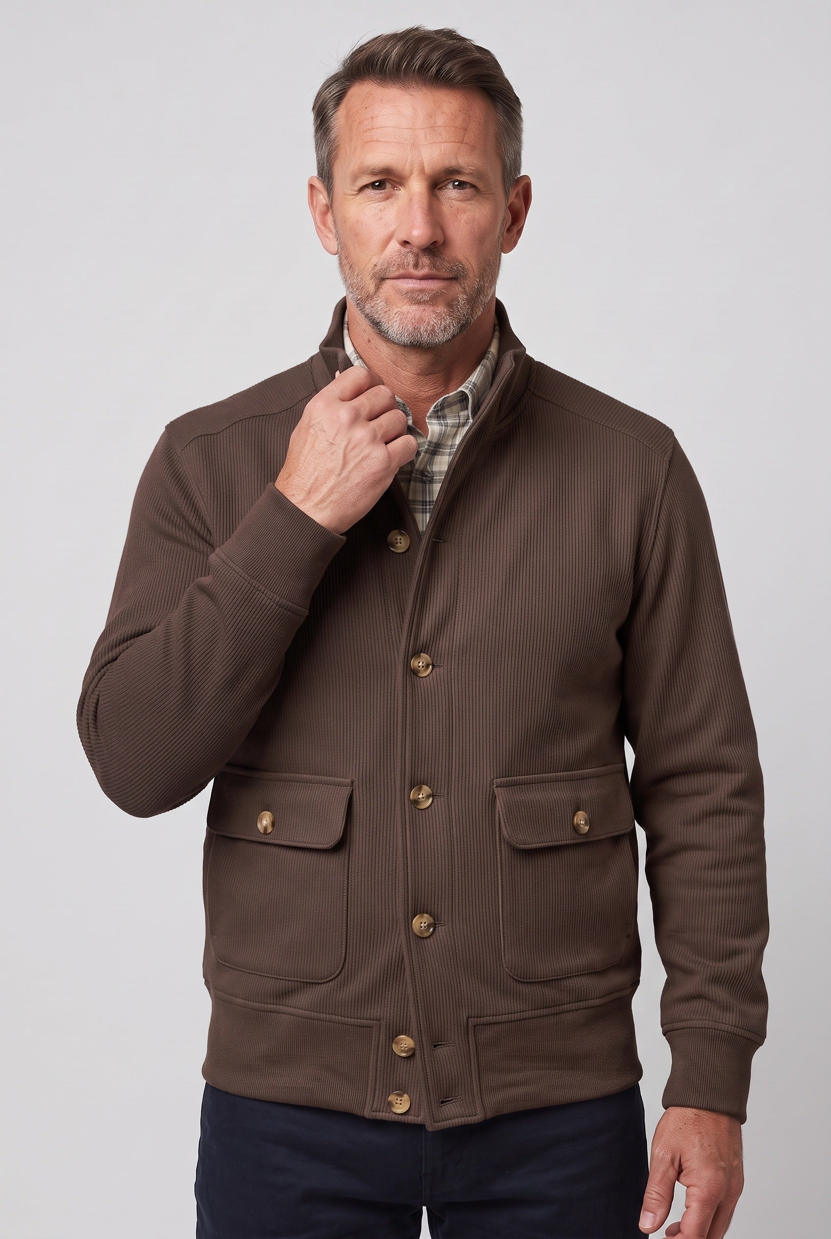 Men's Jacket | Stand Collar Button-Front - Brown