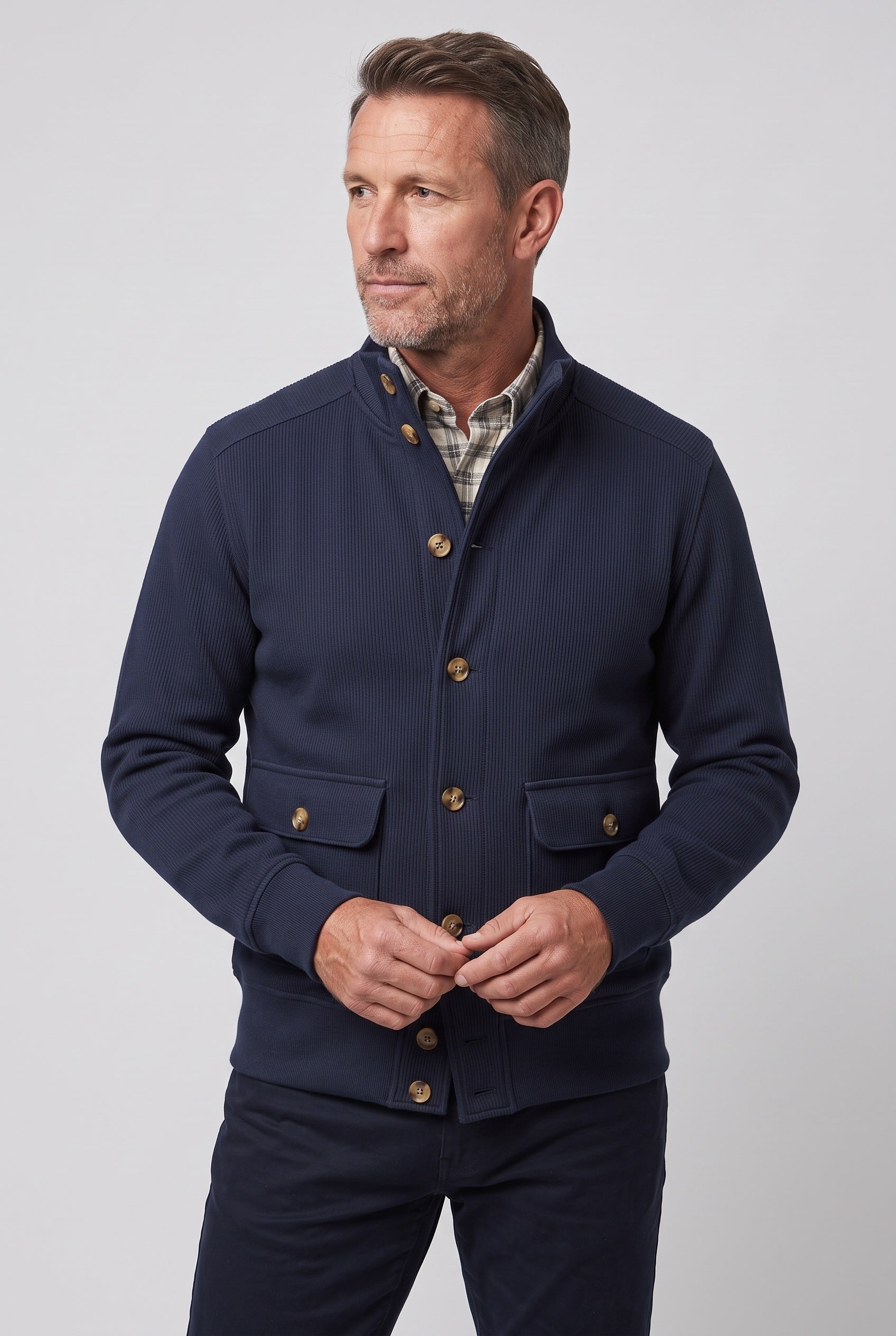 Men's Jacket | Stand Collar Button-Front - Navy