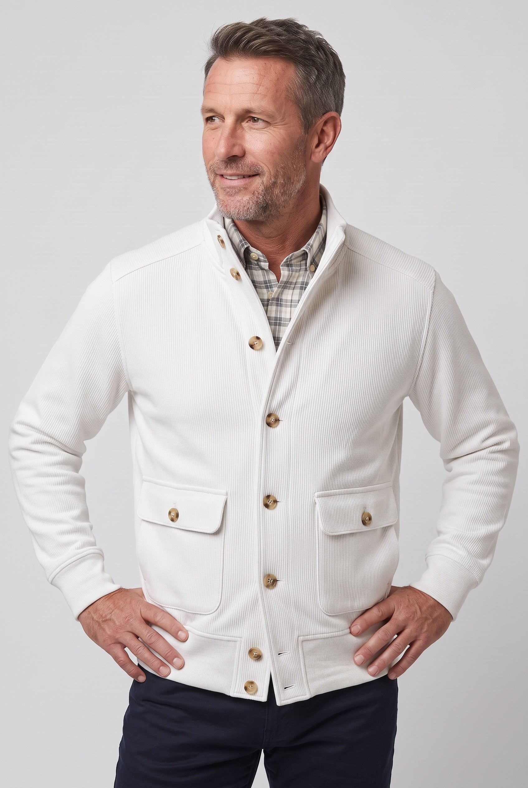 Men's Jacket | Stand Collar Button-Front - White