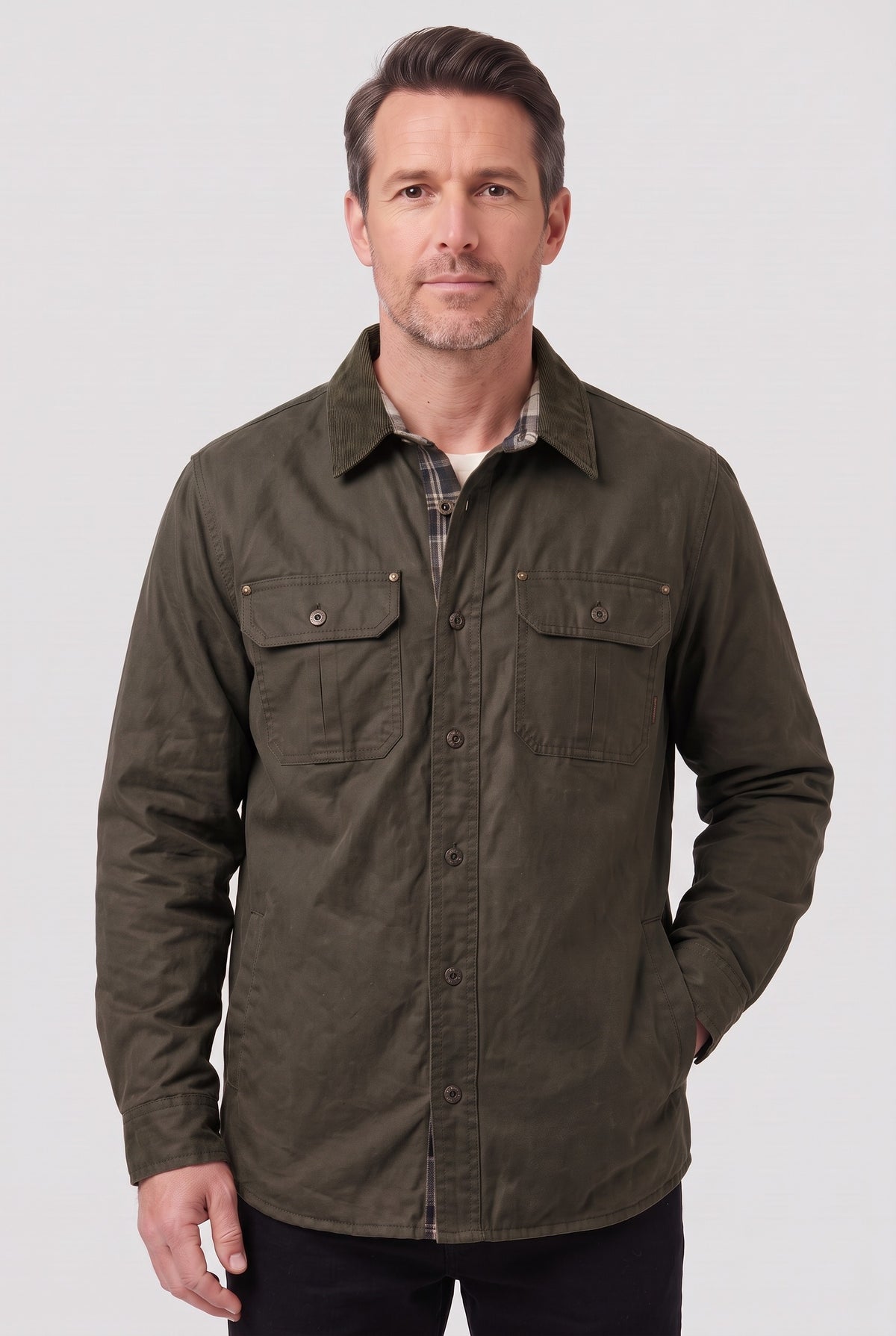 Men's Jacket | Waxed Check-Lined Overshirt - Army Green