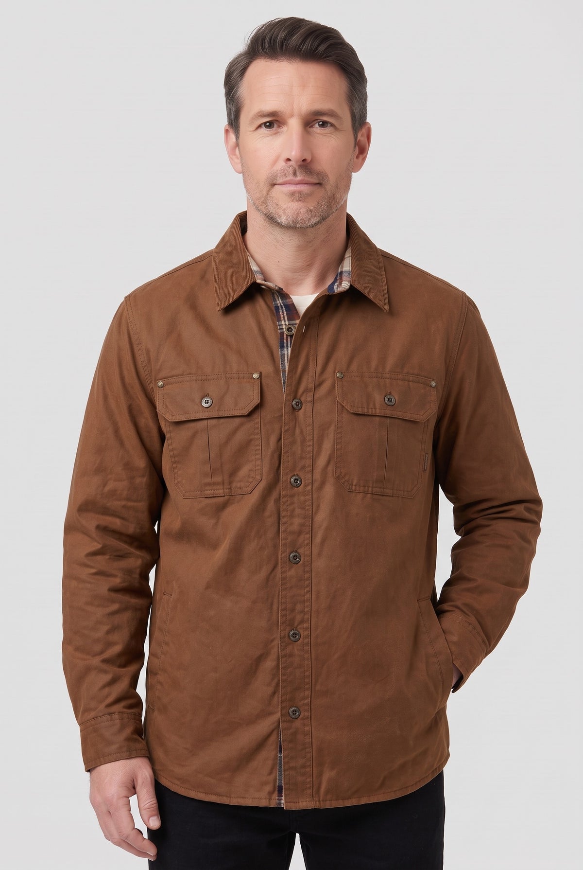 Men's Jacket | Waxed Check-Lined Overshirt - Brown