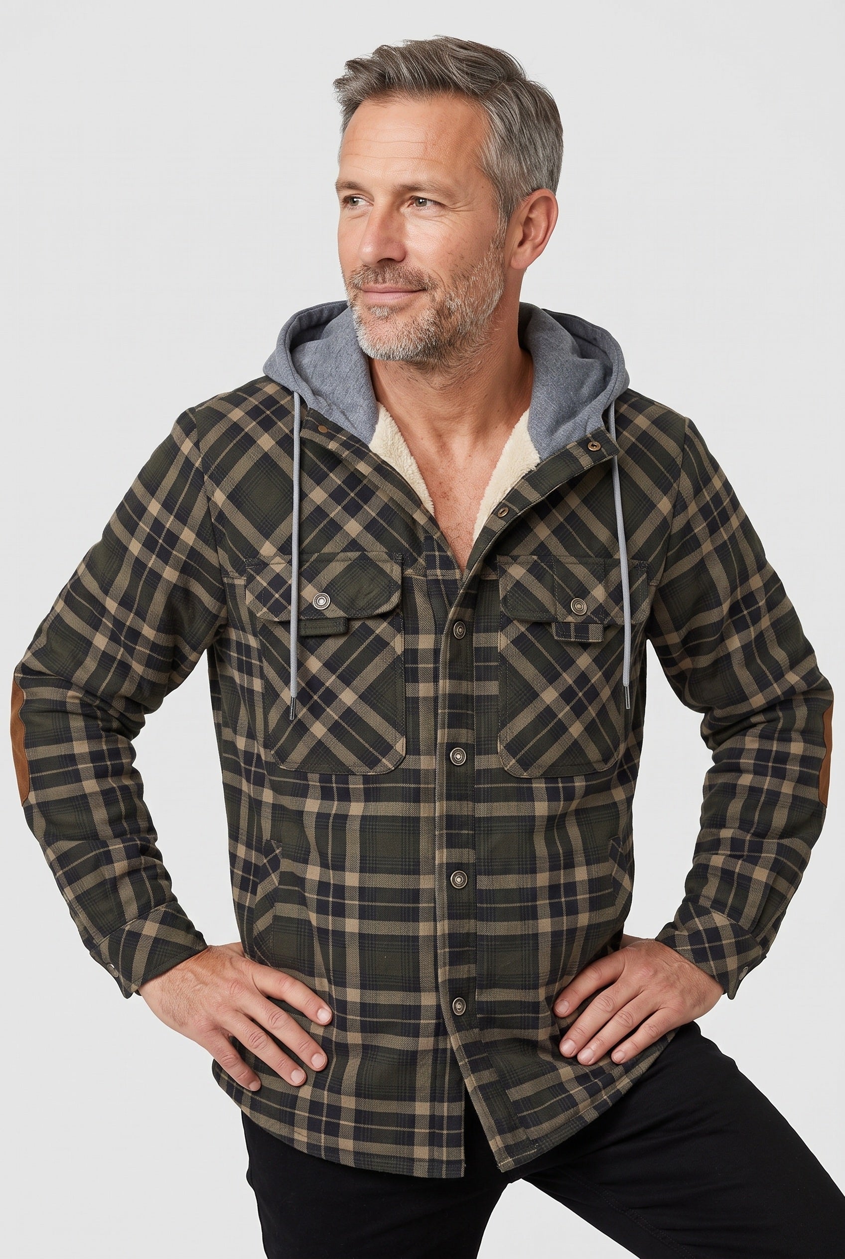 Men's Jacket | Hooded Check Overshirt - ARMY GREEN