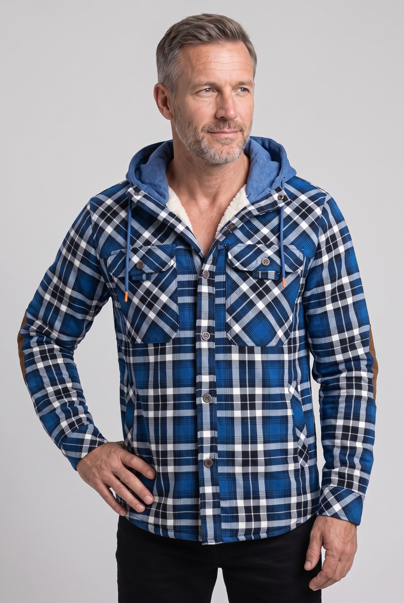 Men's Jacket | Hooded Check Overshirt - BLUE