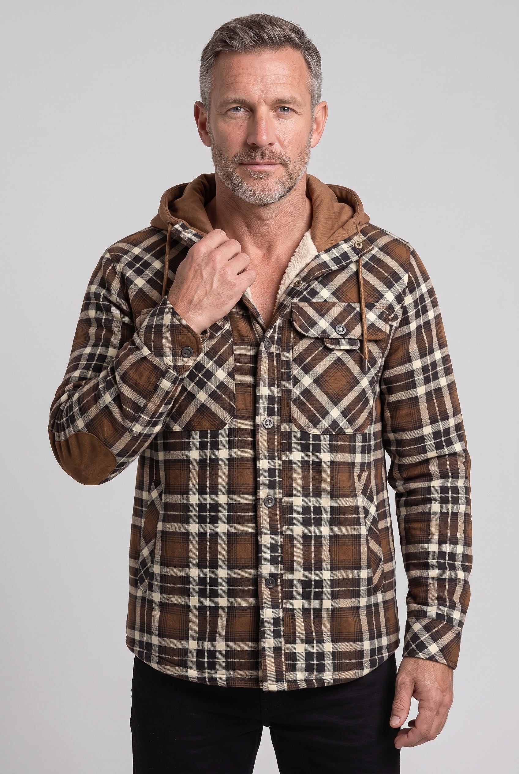 Men's Jacket | Hooded Check Overshirt - BROWN