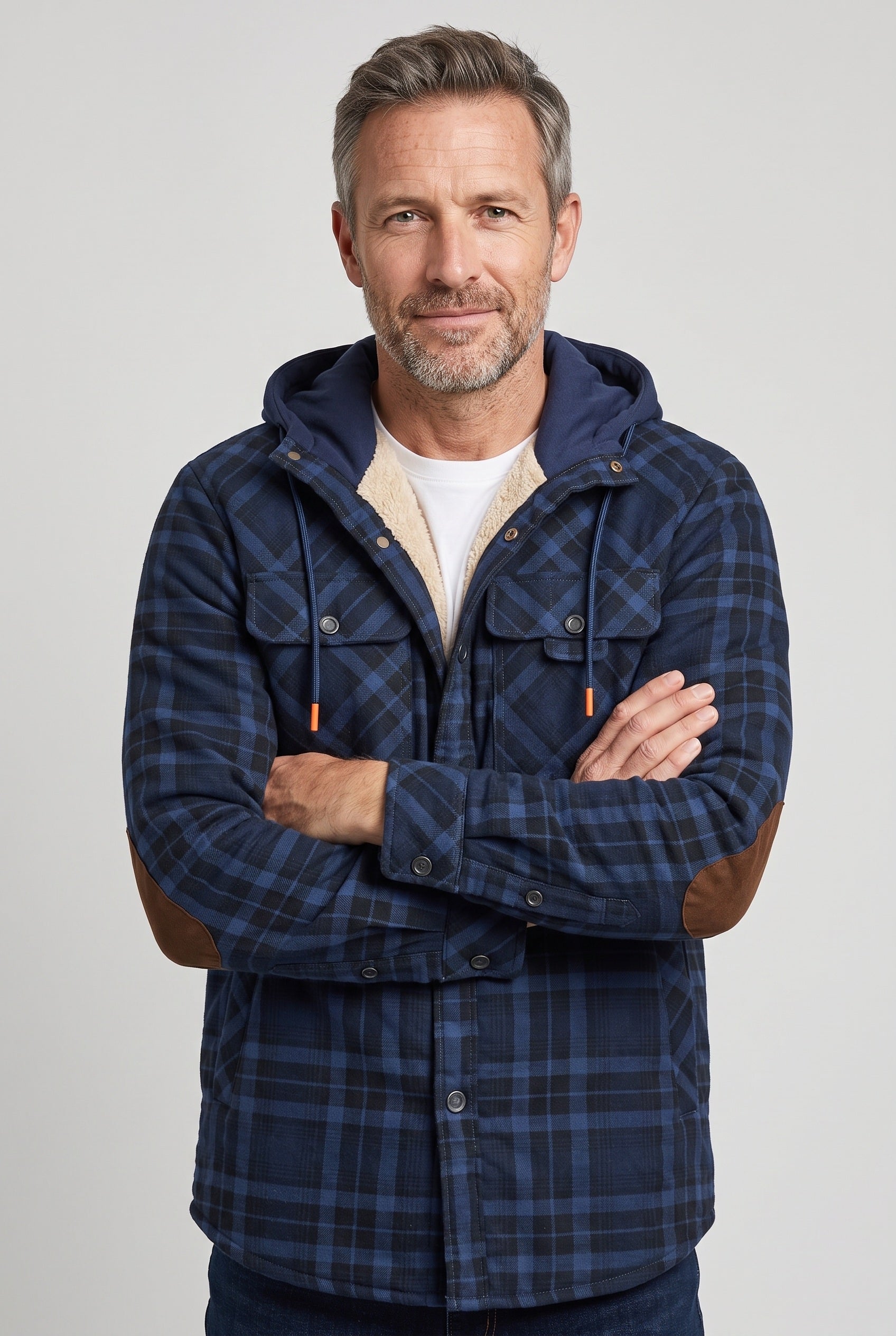 Men's Jacket | Hooded Check Overshirt - DARK BLUE