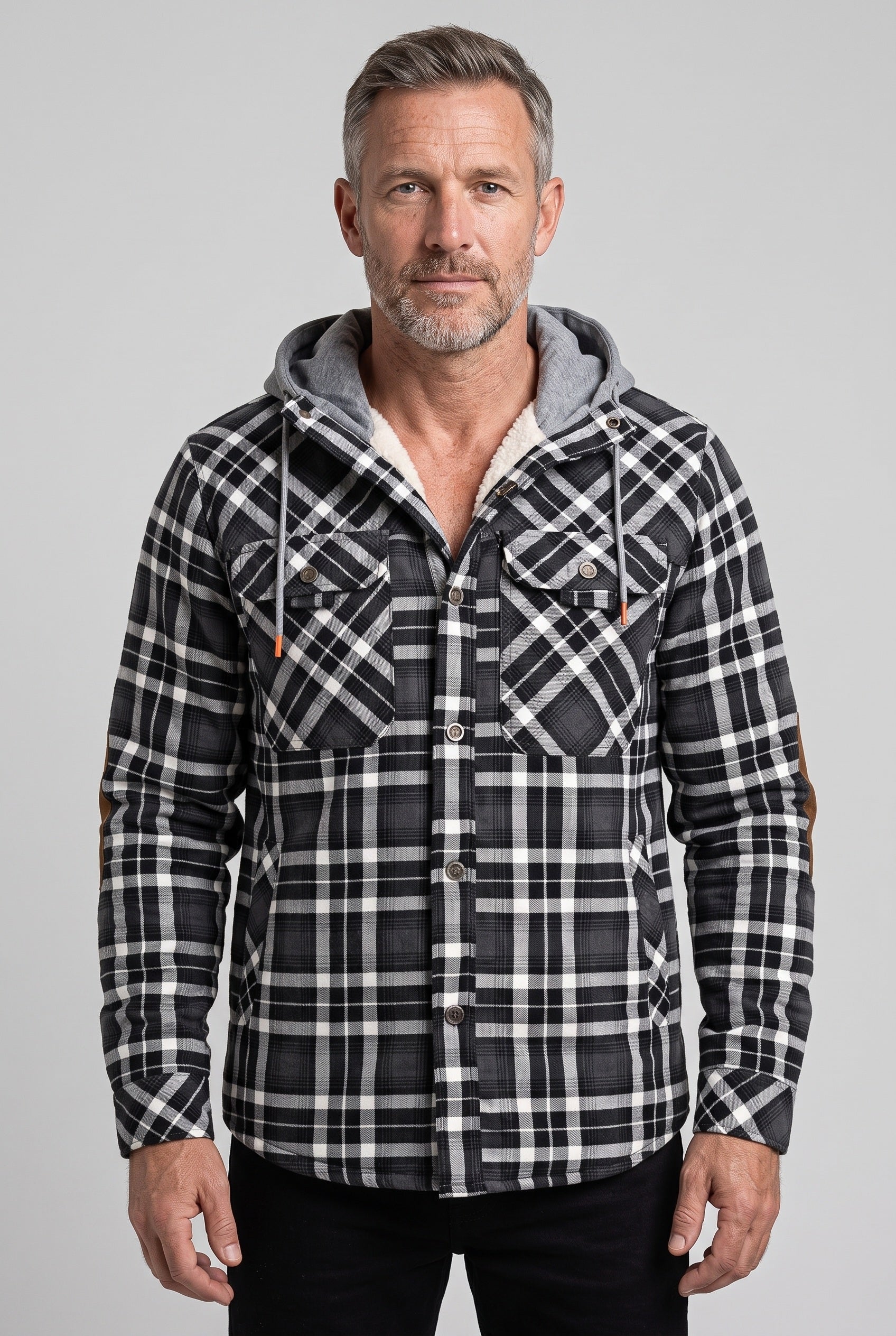 Men's Jacket | Hooded Check Overshirt - DARK GREY