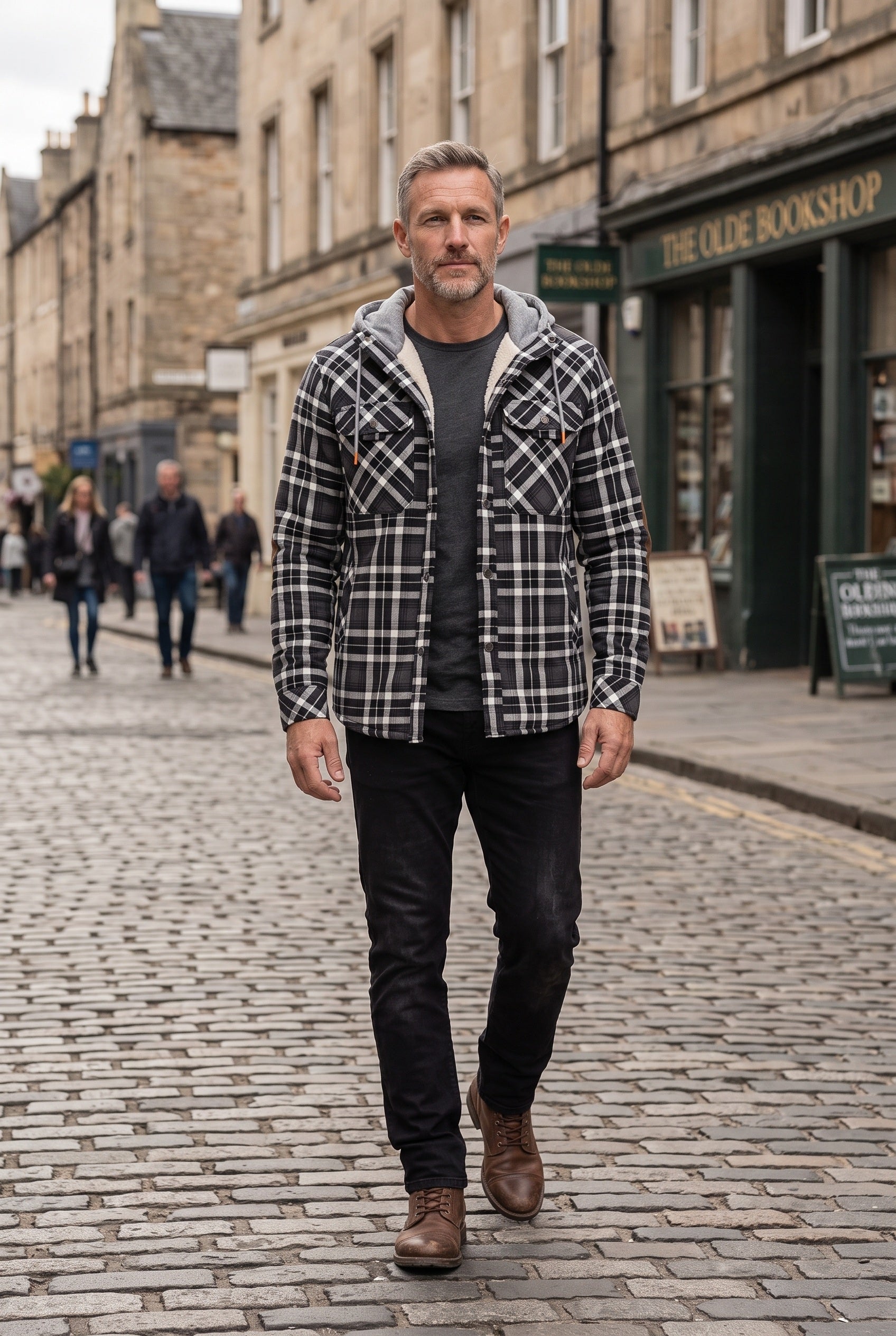Men's Jacket | Hooded Check Overshirt - DARK GREY lifestyle