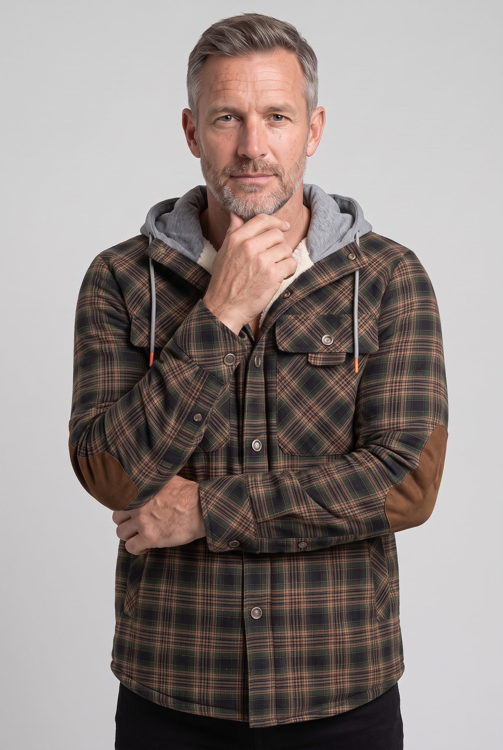 Men's Jacket | Hooded Check Overshirt - GREEN