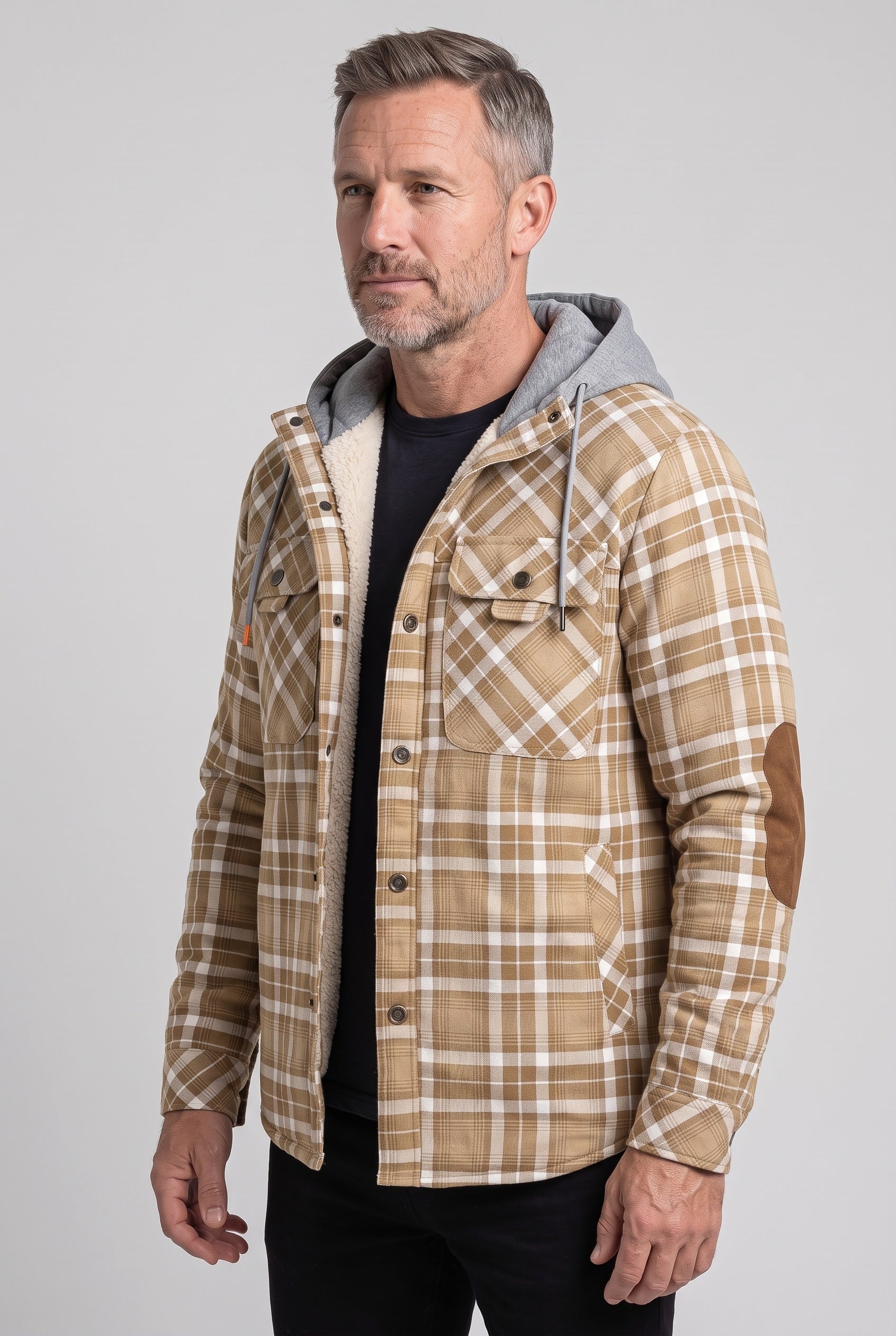 Men's Jacket | Hooded Check Overshirt - KHAKI