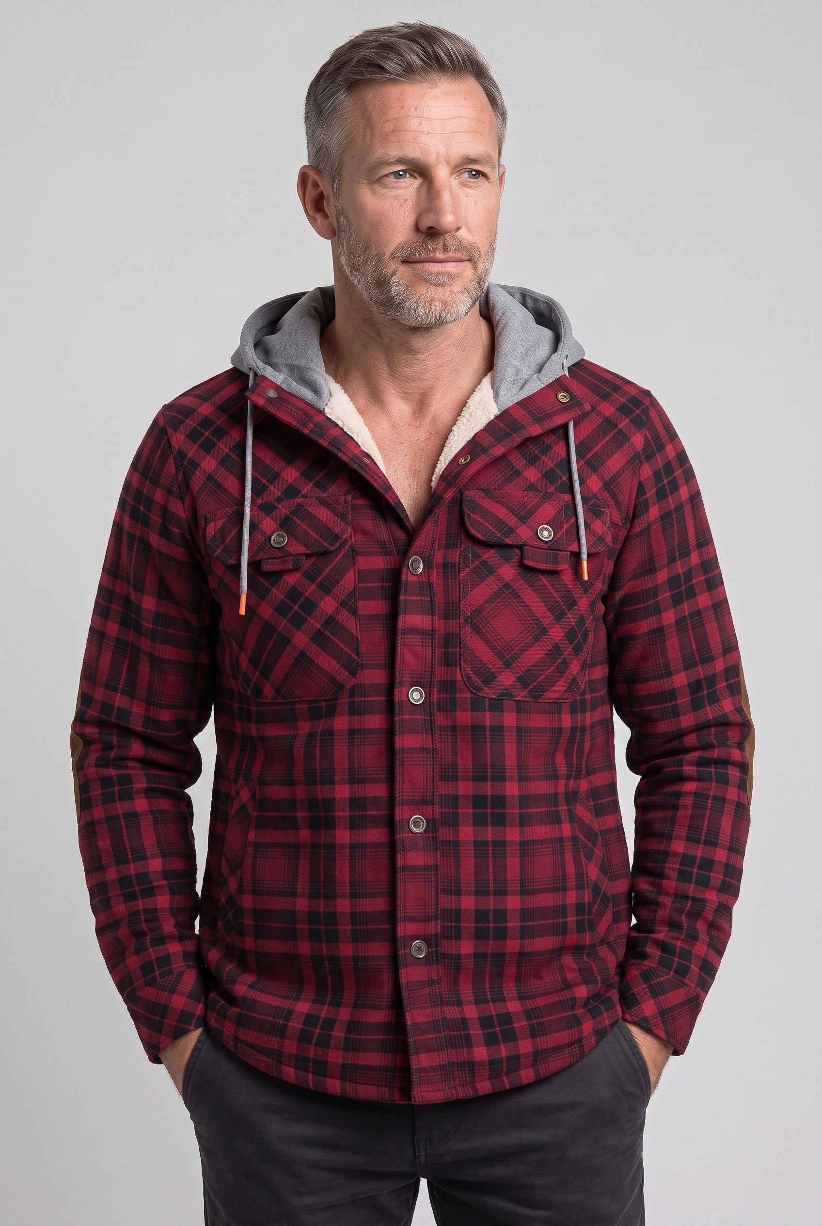 Men's Jacket | Hooded Check Overshirt - RED