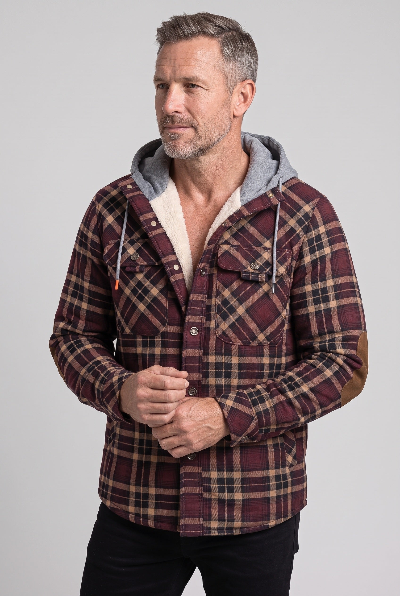Men's Jacket | Hooded Check Overshirt - RED WINE