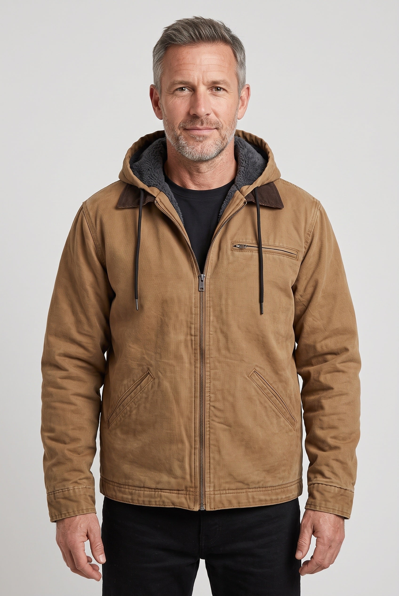 Men's Jacket | Hooded Fleece-Lined Zip-Up - Brown