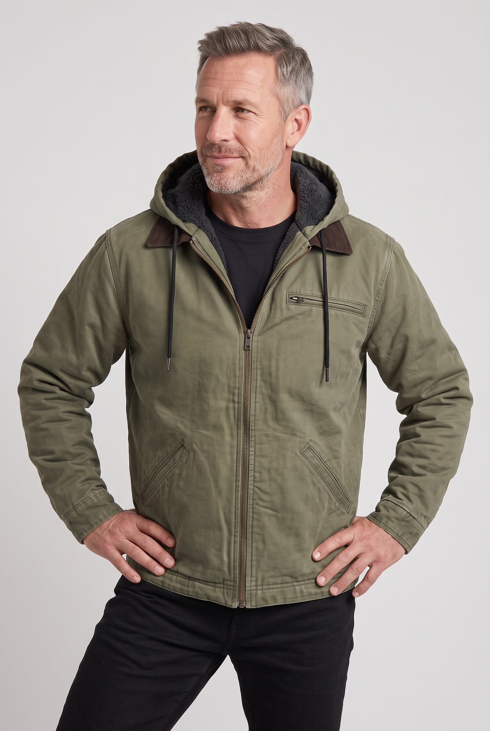 Men's Jacket | Hooded Fleece-Lined Zip-Up - Green