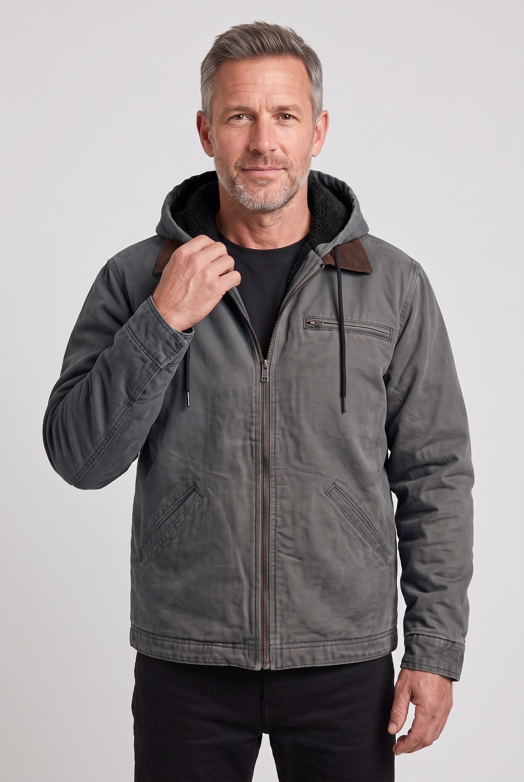 Men's Jacket | Hooded Fleece-Lined Zip-Up - Grey