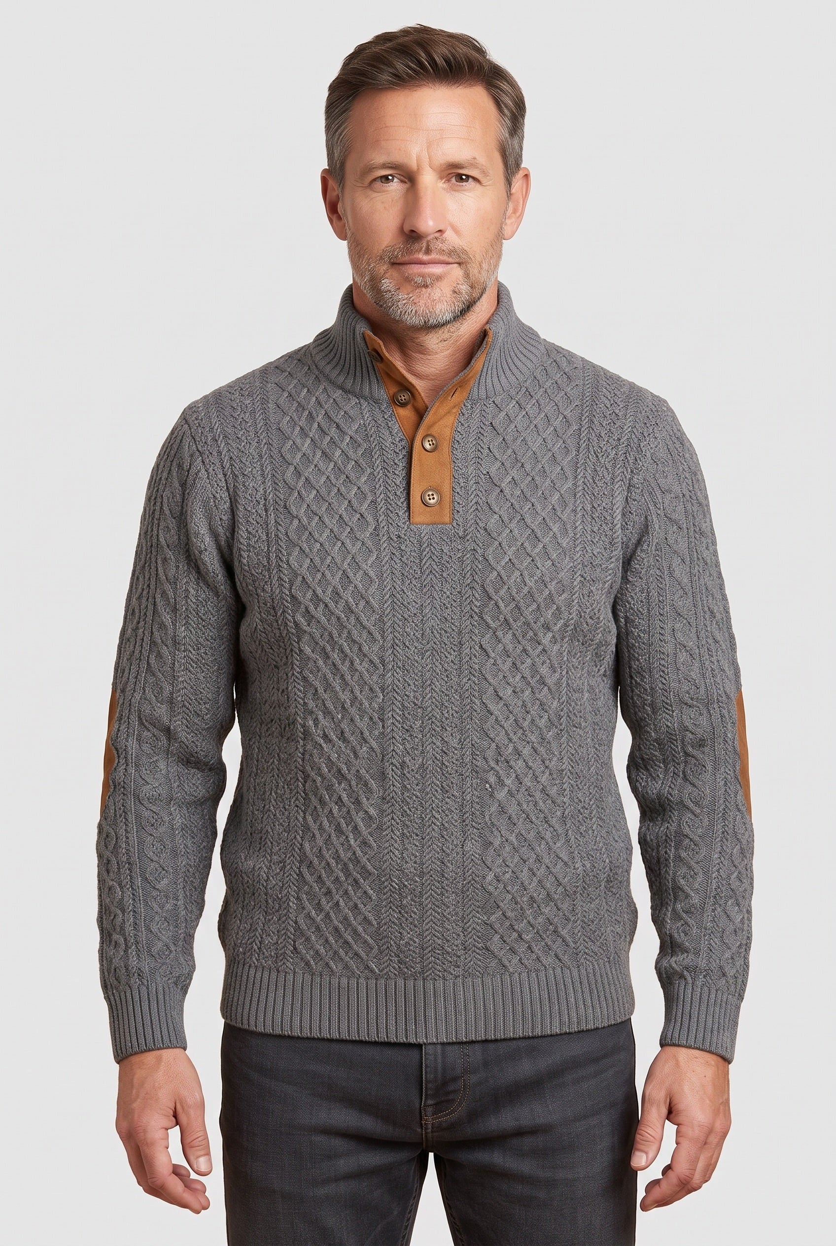 Men's Jumper | Textured Button Neck - Dark Grey