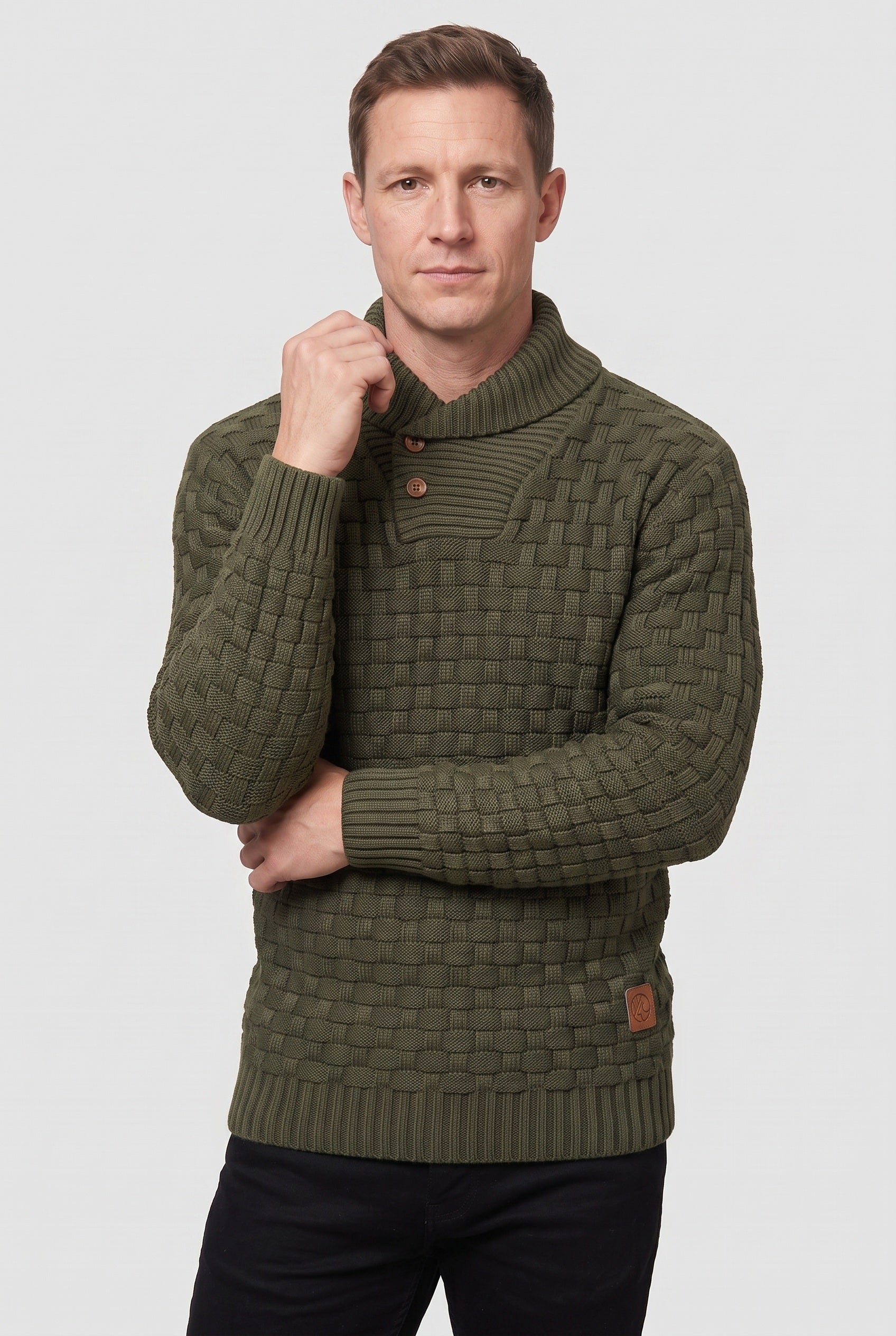 Men's Knitted Jumper | Button Shawl Collar - Army Green