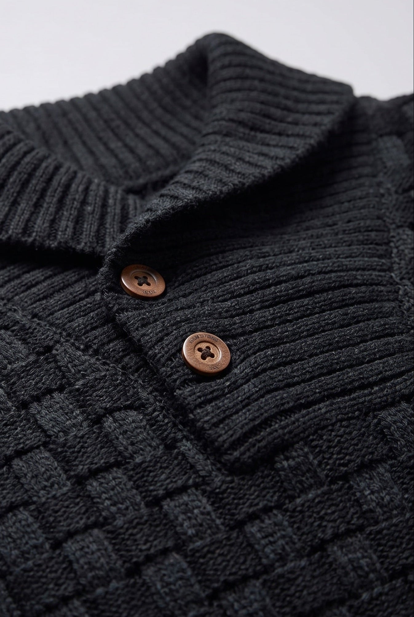 Men's Knitted Jumper | Button Shawl Collar - Black detail