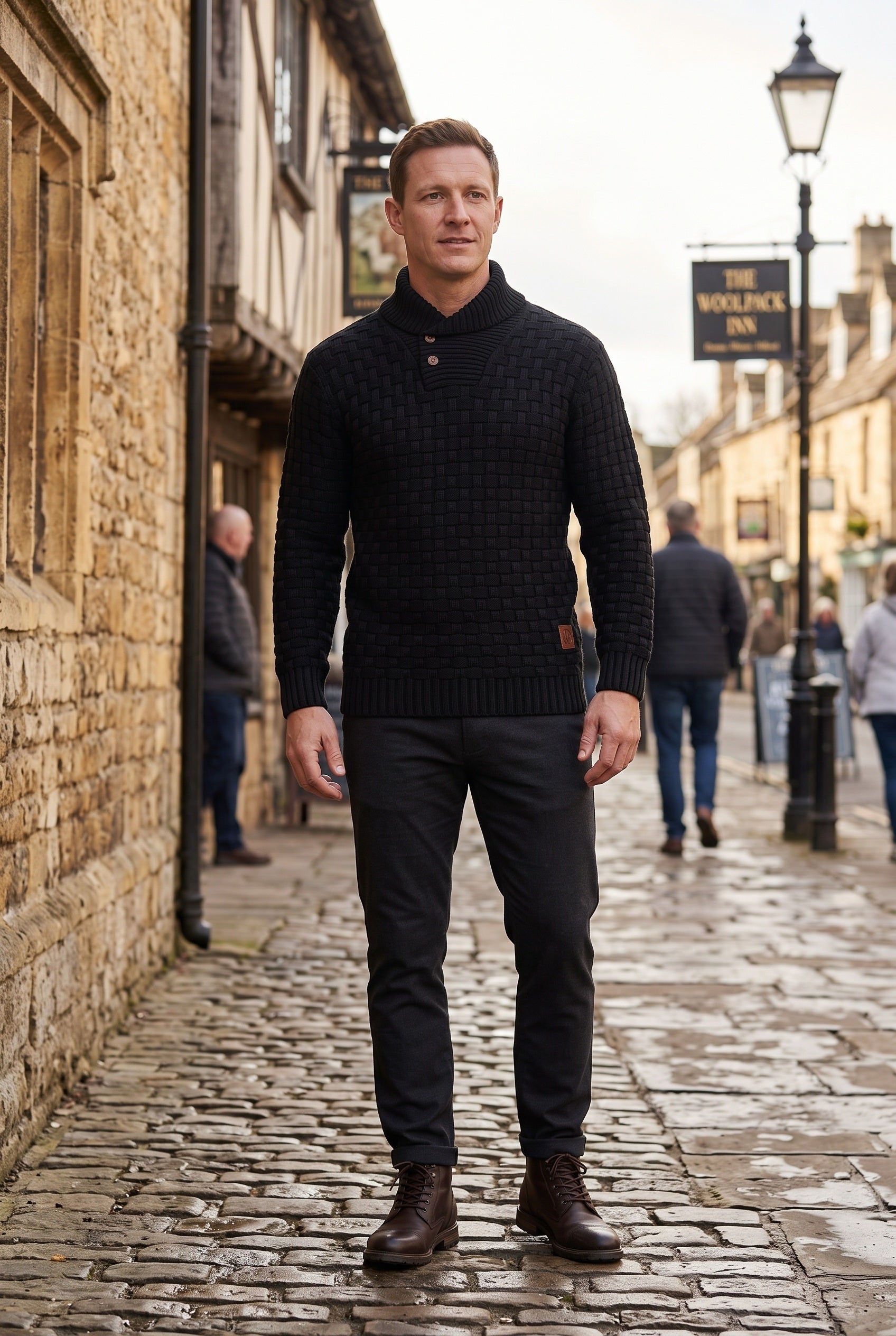 Men's Knitted Jumper | Button Shawl Collar - Black lifestyle