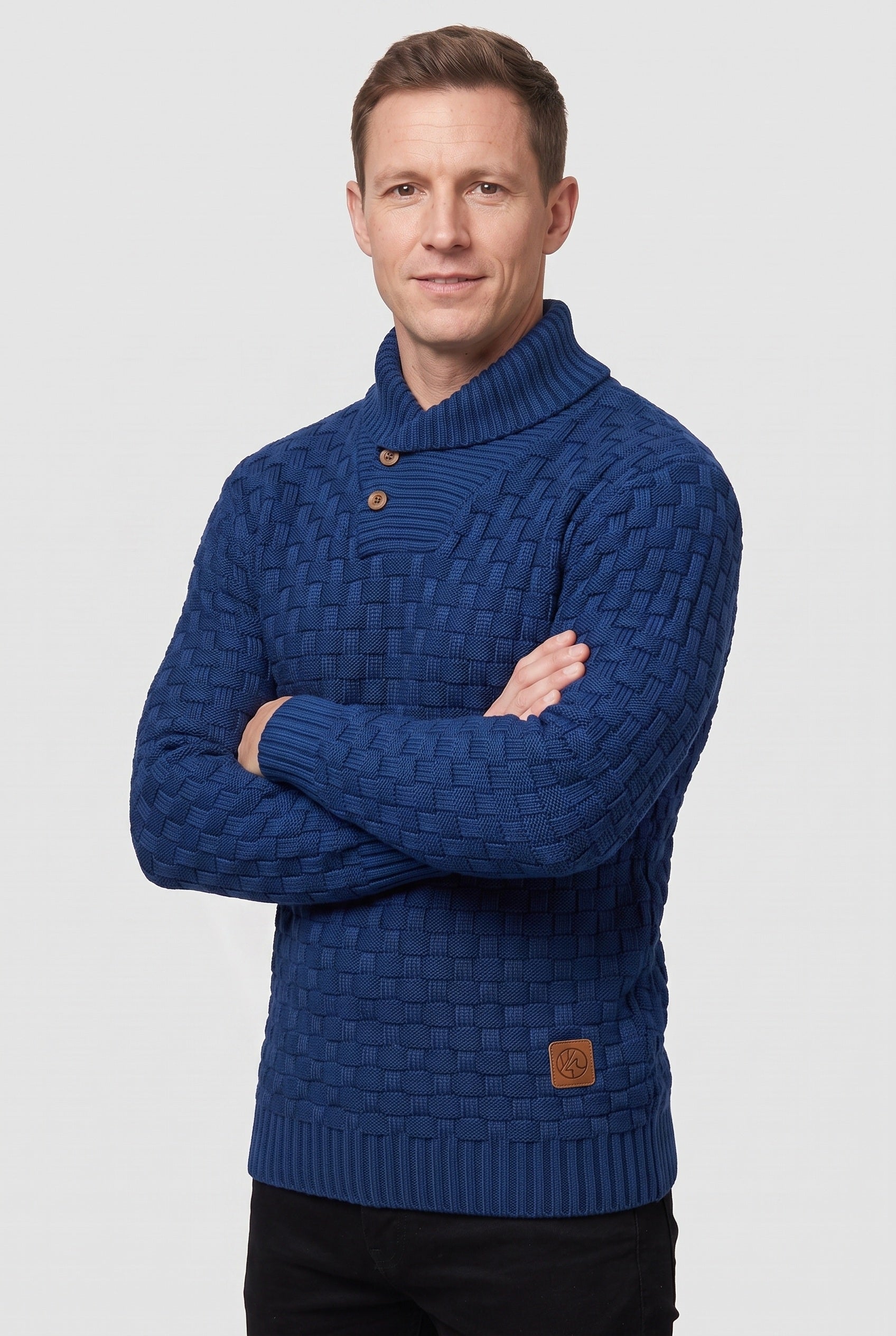 Men's Knitted Jumper | Button Shawl Collar - Blue