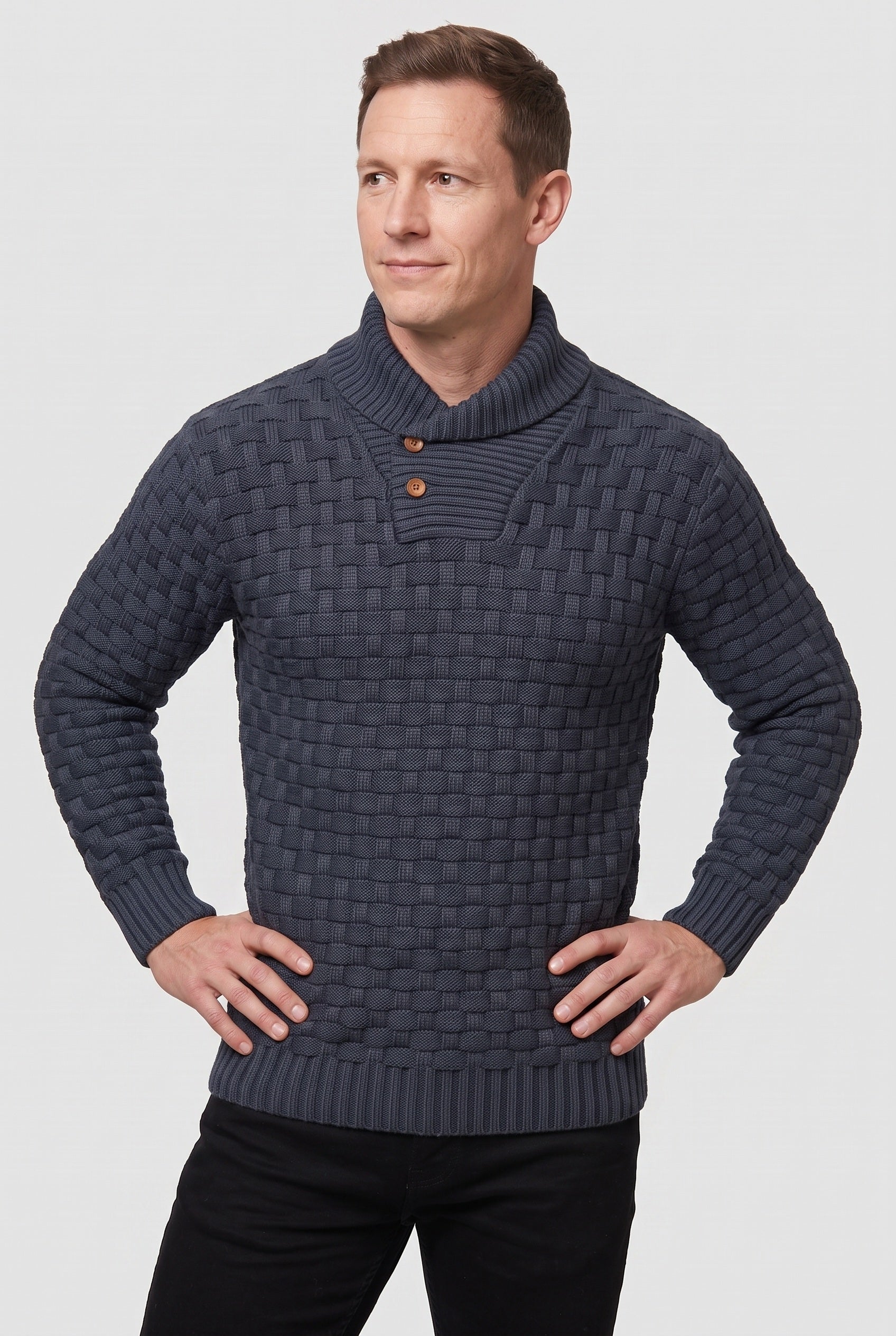 Men's Knitted Jumper | Button Shawl Collar - Blue Grey