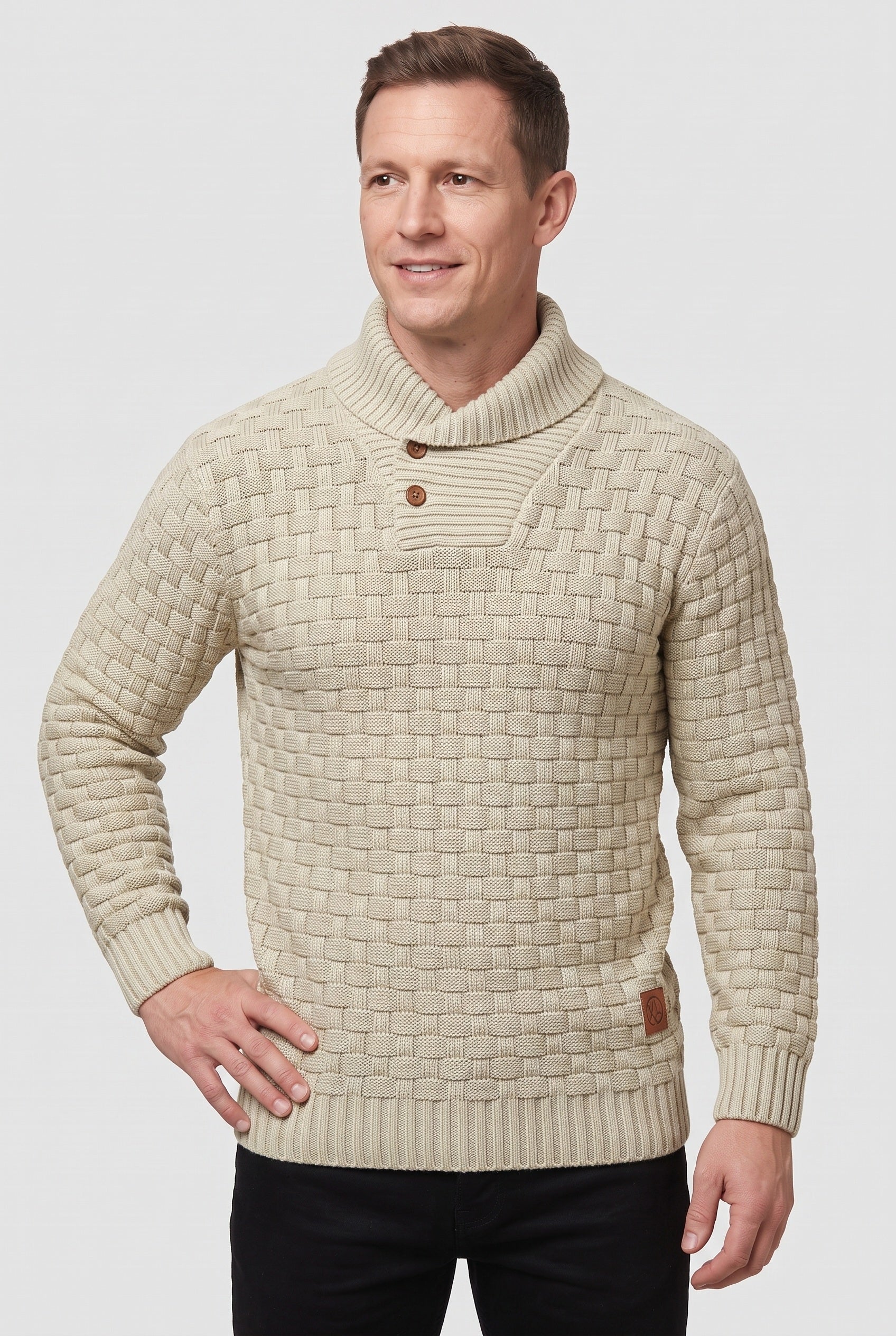 Men's Knitted Jumper | Button Shawl Collar - Khaki
