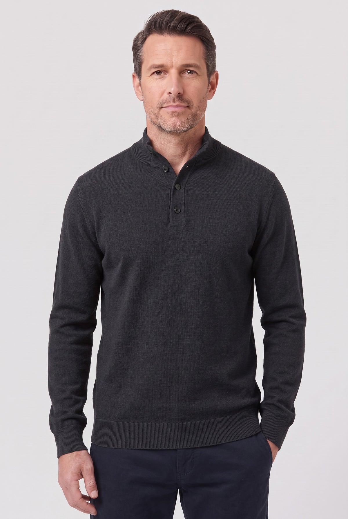 Men's Knitted Jumper | Buttoned Polo Collar - Black