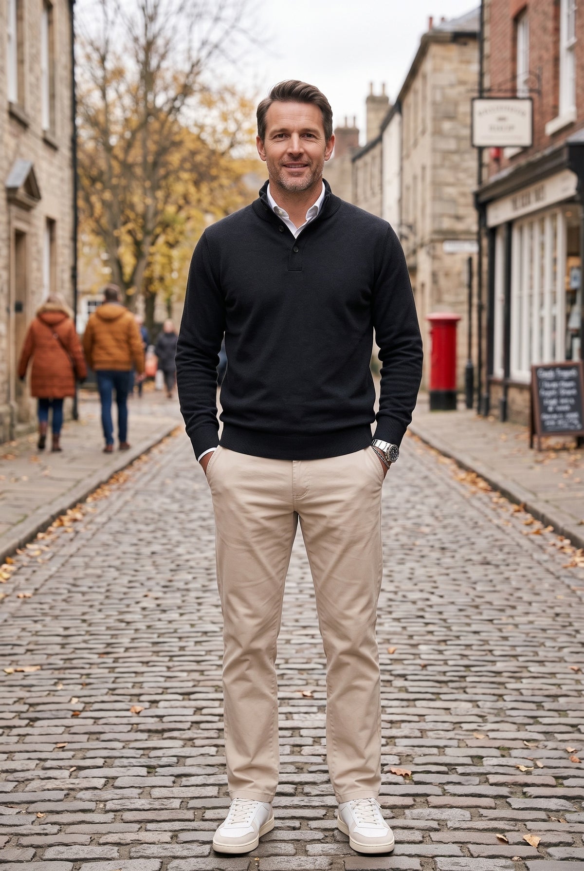 Men's Knitted Jumper | Buttoned Polo Collar - Black Lifestyle