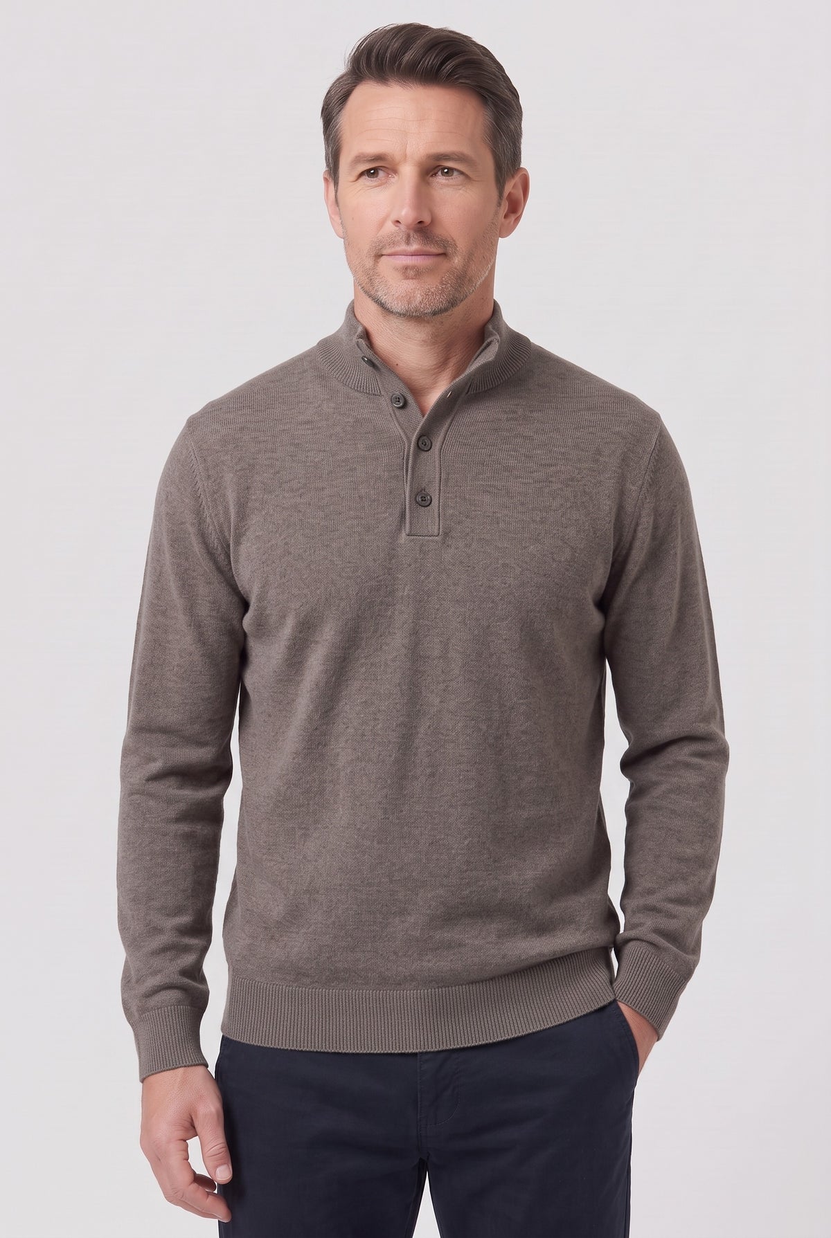 Men's Knitted Jumper | Buttoned Polo Collar - Grey