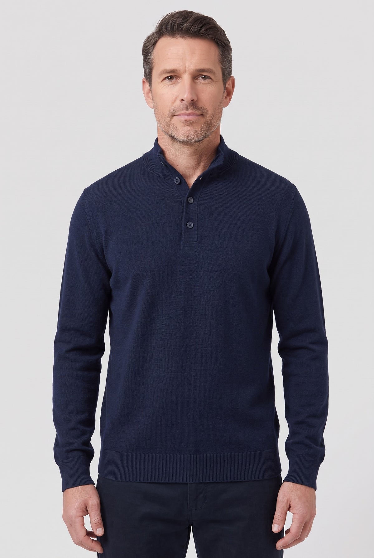 Men's Knitted Jumper | Buttoned Polo Collar - Navy