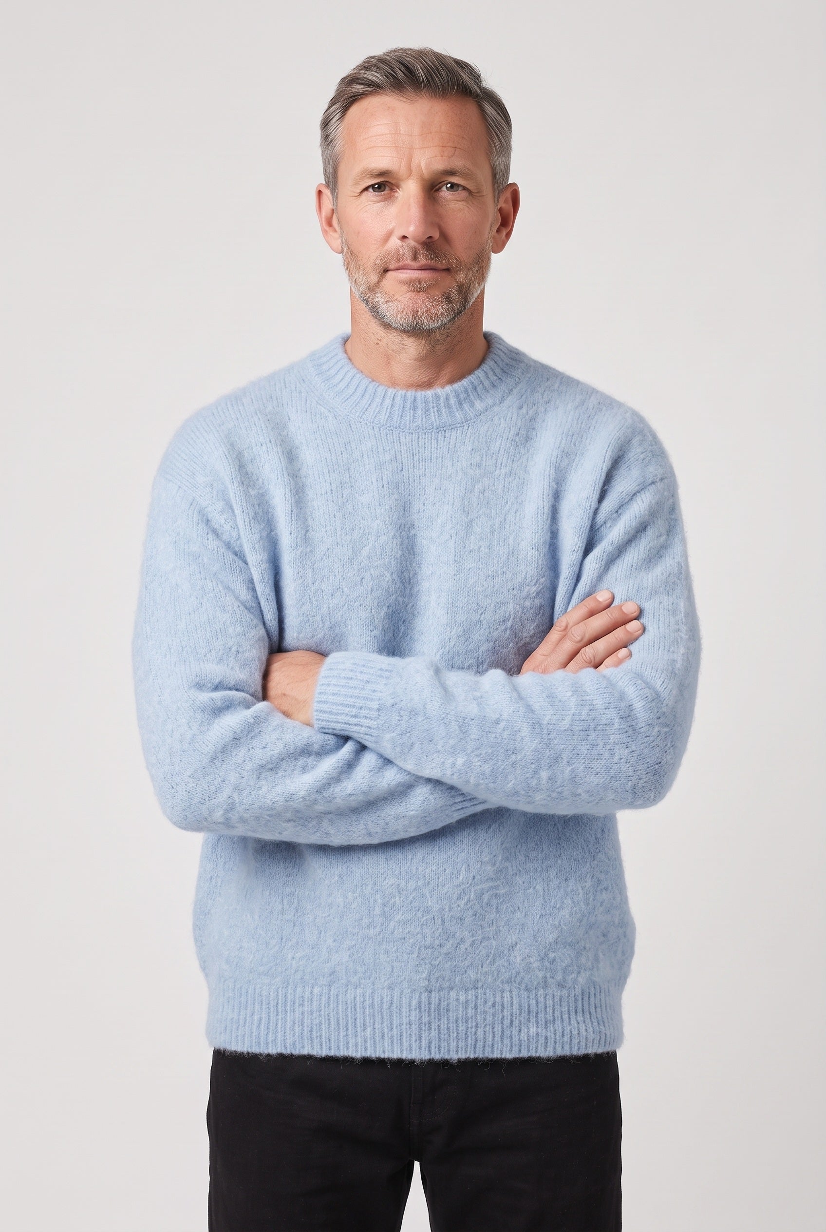 Men's Knitted Jumper | Crew Neck Textured - Light Blue