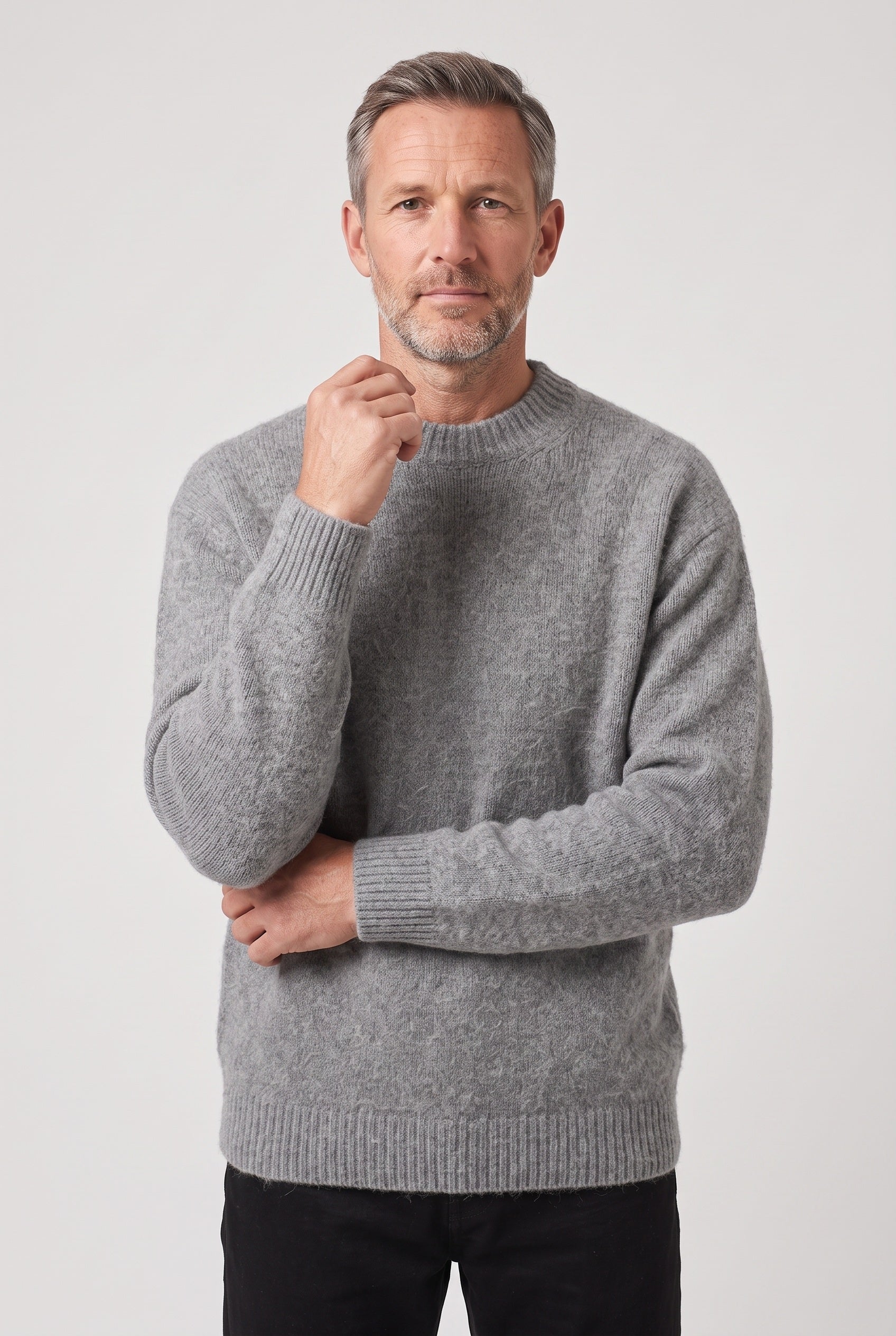 Men's Knitted Jumper | Crew Neck Textured - Light Grey